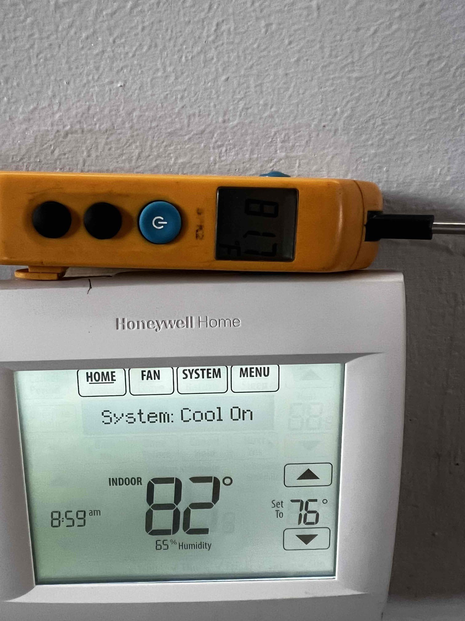 On arrival found unit not cooling due to burnt contactor. Replaced part. Start and test. Replaced filter for client. Unit has 21* split. Thermostat reading accurately. Unit cooling at this time.