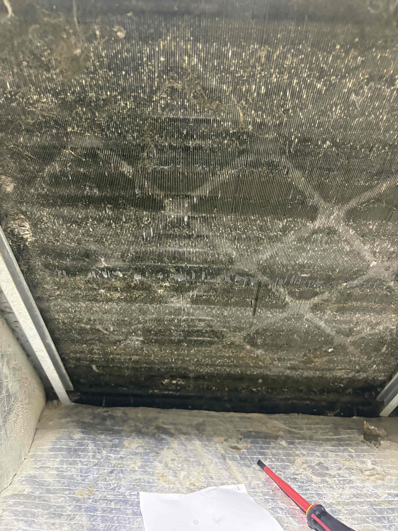 Home owner states drain line is backing up. Front draw system with drain pan beneath rubber grommet. Found pan and drain line heavily backed up. Found air handler coils impacted with debris and water dripping straight down to insulation. Cleared drain line and drain pan. Cleaned air handler coils. Verified drainage and operations. 