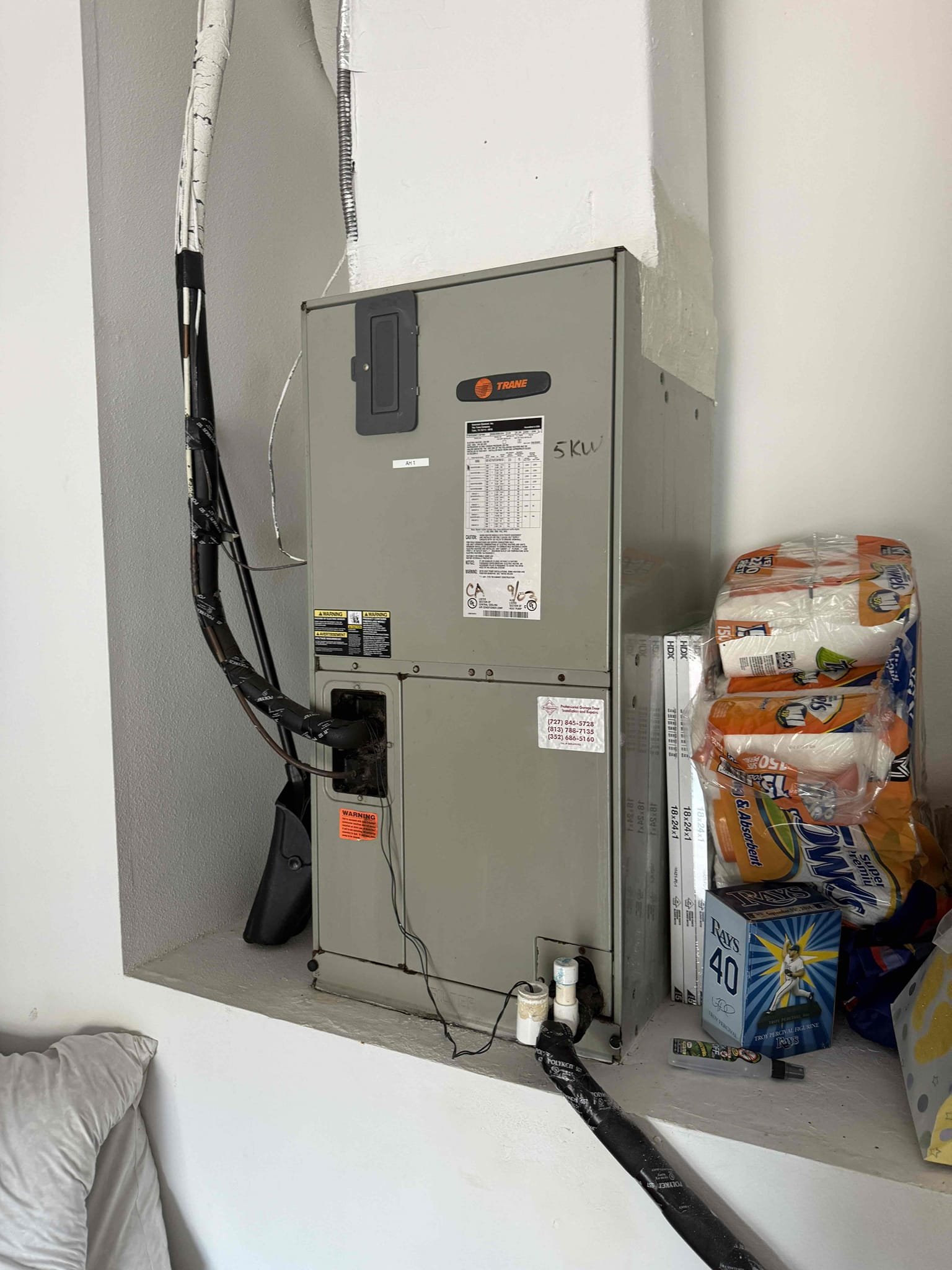 Performed two Maitenences on systems. Cleaned/treated drain lines and primary drain pans. Cleaned condenser coils. Evaporator coils are clean on upstairs unit, downstairs unit are dirty but do not recommend cleaning 23 year old coils. Verified safety float switch functionality. Checked amp draw on compressor. Compressor start up amp draw on both systems are over amping. Installed hard start kit on upstairs system to drop amp draw of 92 to 64 with a max rating on the system of 83. Explained to client that this is a bandaid on a failing compressor. Checked amp draw on fan motor. Checked capacitors are within factory range. made sure all connections are tight. Systems are cooling with 20° temperature splits at this time. 
