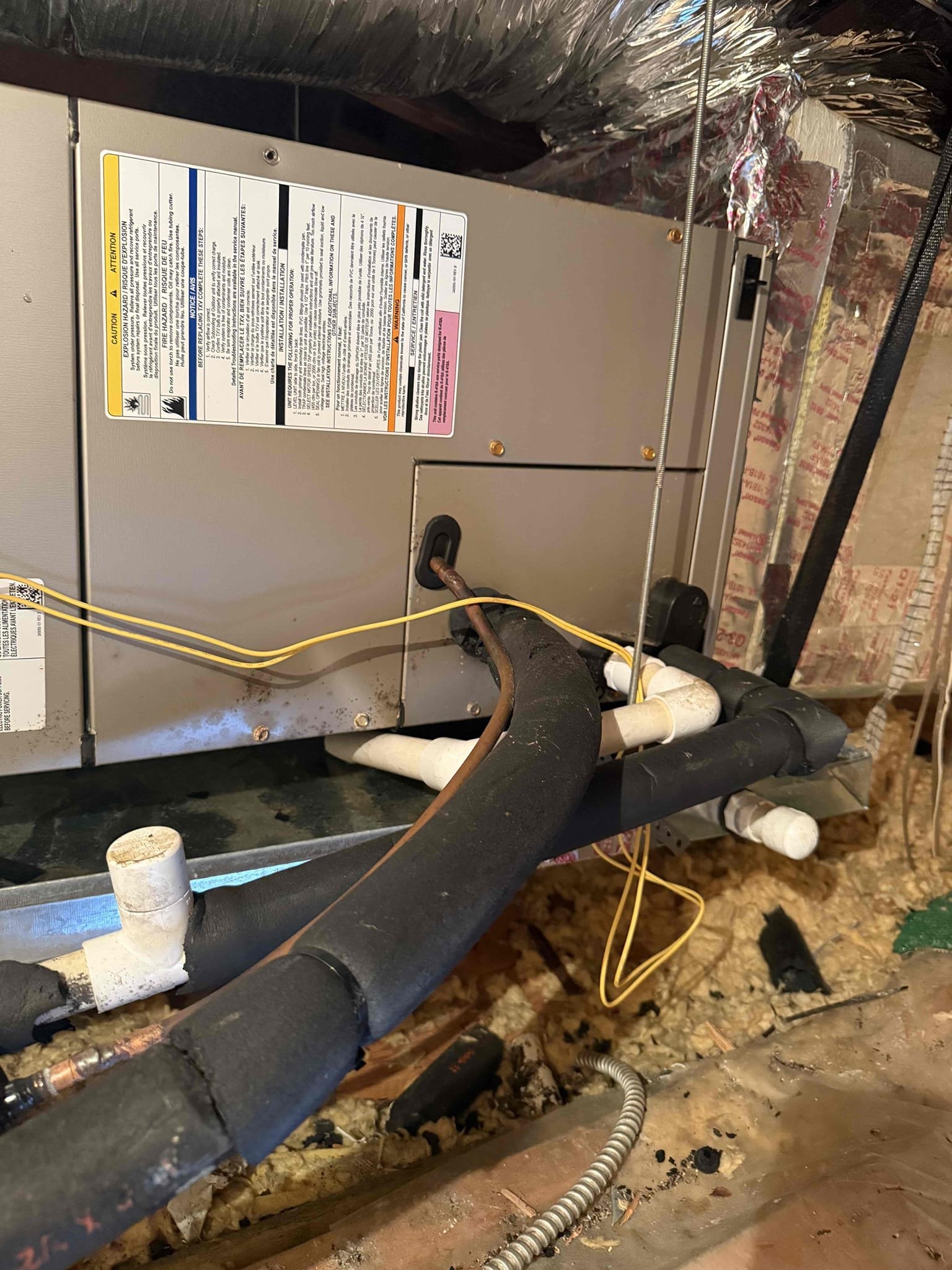 On arrival found unit not cooling due to clogged drain. Cleared pan and drain. Unit does not have primary float switch on system. Client declined adding one at this time. Coil clean. Blower clean. Added 1 lb of refrigerant to bring unit back to factory specs. Unit has 20* split. Unit cooling properly at this time.