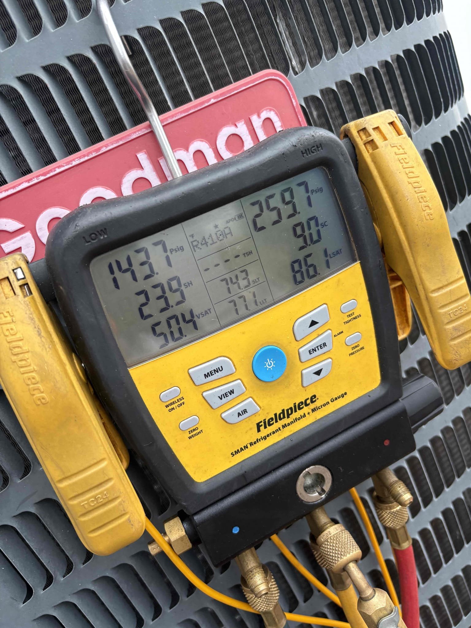 Removed refrigerant 

Removed failed compressor 

Replaced capacitor 

Installed new compressor 

Pressure tested (found small leak on capillary tube, welded shut)

Pressure tested again (passed)

Vacuumed system (passed)

Decay test (passed) 

Charged system 410a 

Unit is currently operating within manufacture specifications 

*owe client air purifier install. Started to rain during visit. 
