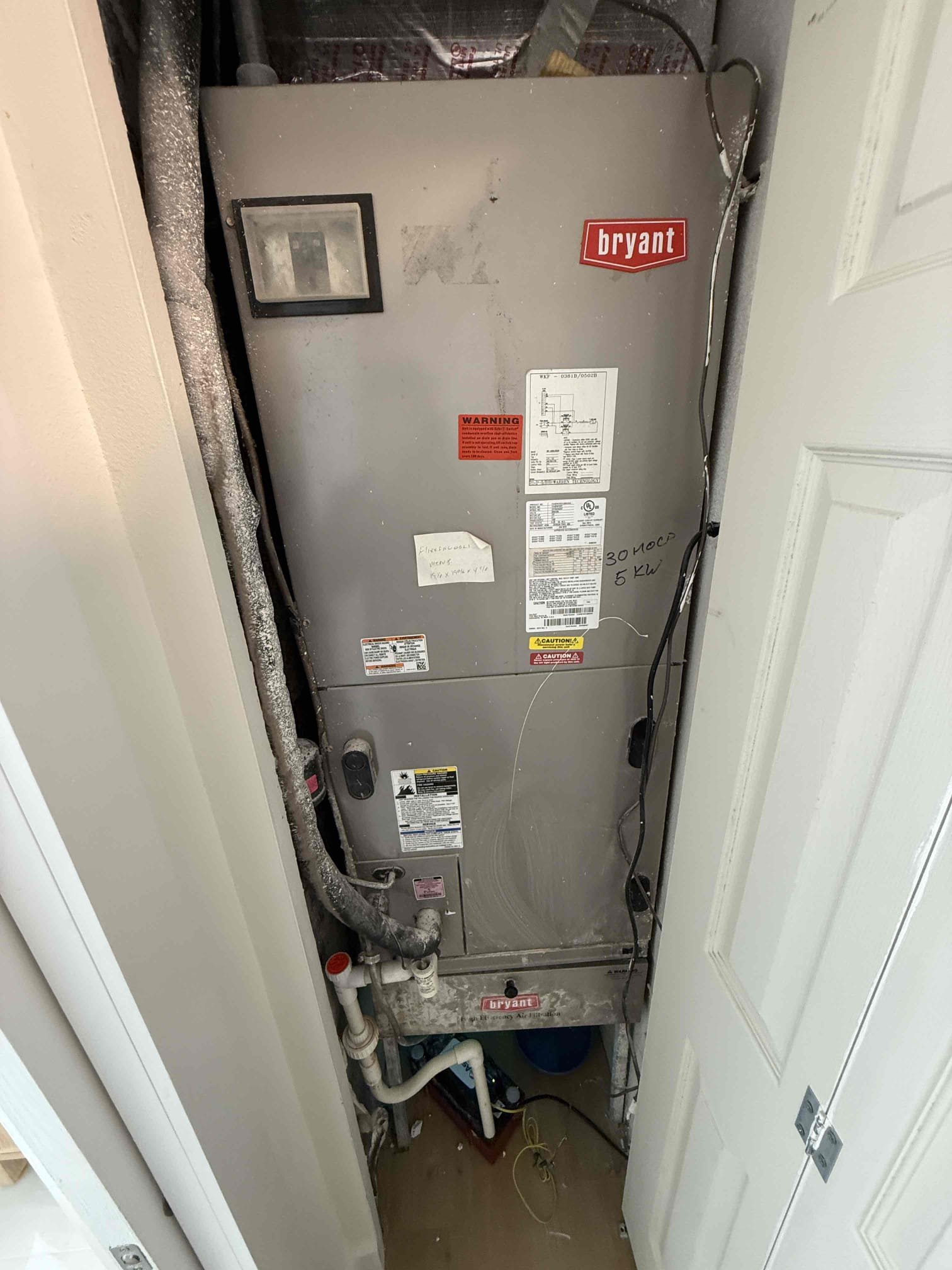 Performed drain cleaning on system. System is cooling at this time. 
System capacitor is out of tolerance limit and should be replaced. Contacter is rusted and corroded and should be replaced. Evaporator coils are severely impacted with debris and require cleaning. System was under water from previous hurricane. Recommending replacement of system. Sent over quotes for replacement. 