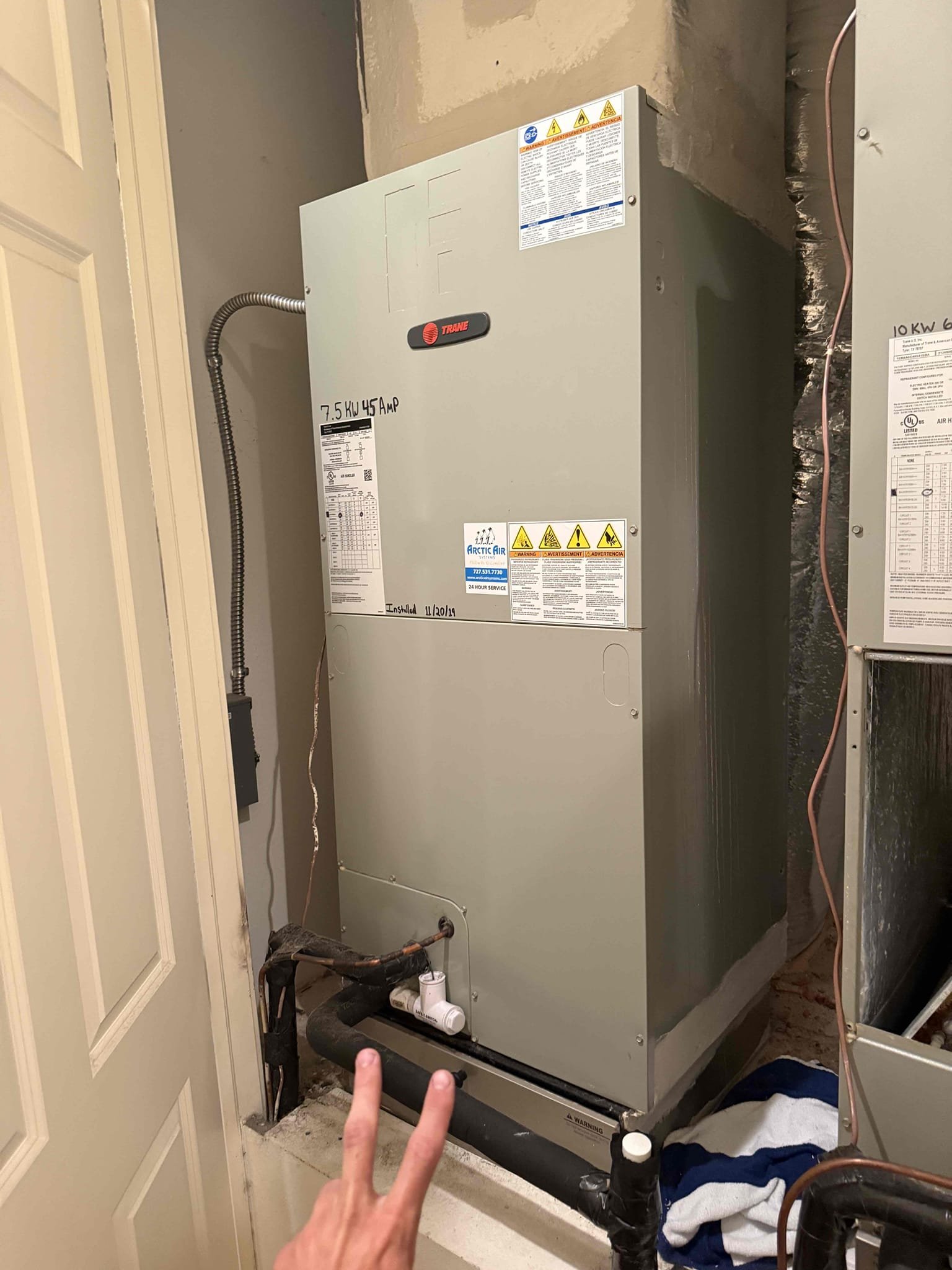 Upon my inspection, found a clogged drain line for upstairs unit. Upon further inspection found a weak fan motor capacitor on the condenser. Performed drain line/primary drain pan cleaning and treatment on system, and replaced capacitor. Performed maintenance is on both systems for membership. Both systems are mixed match brands and different year models. Condensers are 2007 and air handlers are 2019 and 2021. 
Both systems are cooling at this time. 