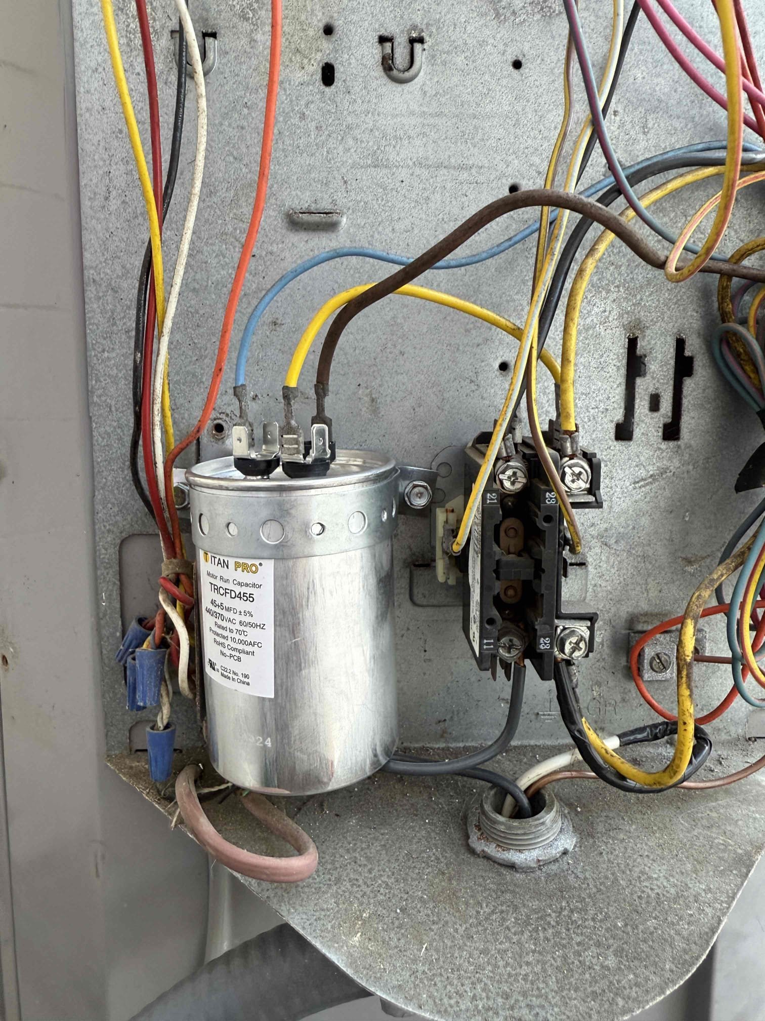 Upon my inspection found bad capacitor. Replaced capacitor. System is a 2008. Client is expecting to raise house in the near future. Talked about new system options. System is cooling the best it can at this time. Did not clean drain line per clients request however they had an issue with the drain line recently. Client cleans drain himself. System is cooling at this time with a 19° temperature split. 