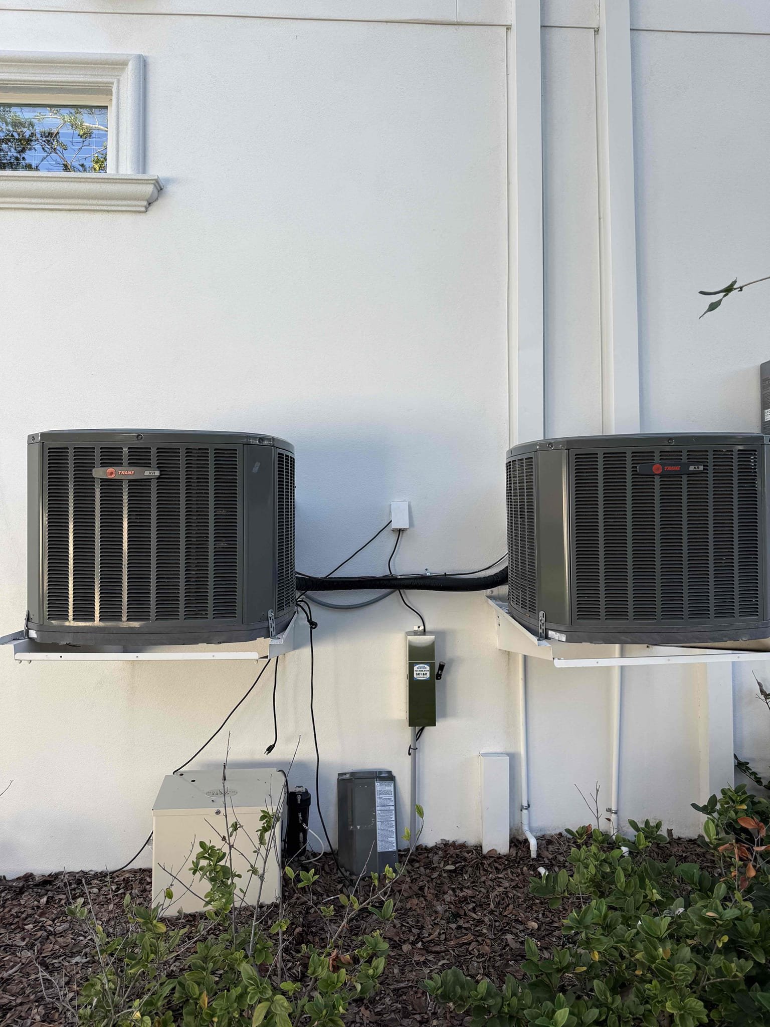 Performed Maitenences on systems. Cleaned/treated drain line and primary drain pan. Cleaned condenser coils. Evaporator coils are clean. Verified safety float switch functionality. Checked amp draw on compressor. Checked amp draw on fan motor. Checked capacitor is within factory range on unit#1, capacitor is out of factory range on unit#2. Replaced capacitor on unit#2. Made sure all connections are tight. Systems are cooling with a 20° temperature split at this time. 
Installed 2 client supplied ecobee thermostats. Could not connect to WiFi because client does not have WiFi in new home yet. 
Found fins on the evaporator coils for unit#2 were bent and causing water to drip off prematurely onto the media filter. Used a fin comb to straighten back to normal the best we could. If issue persists, coil replacement is recommended. Will check on coils next visit. 
Client would like to have both systems outfitted with an air purifier and uv air treatment systems. Will return to install systems.