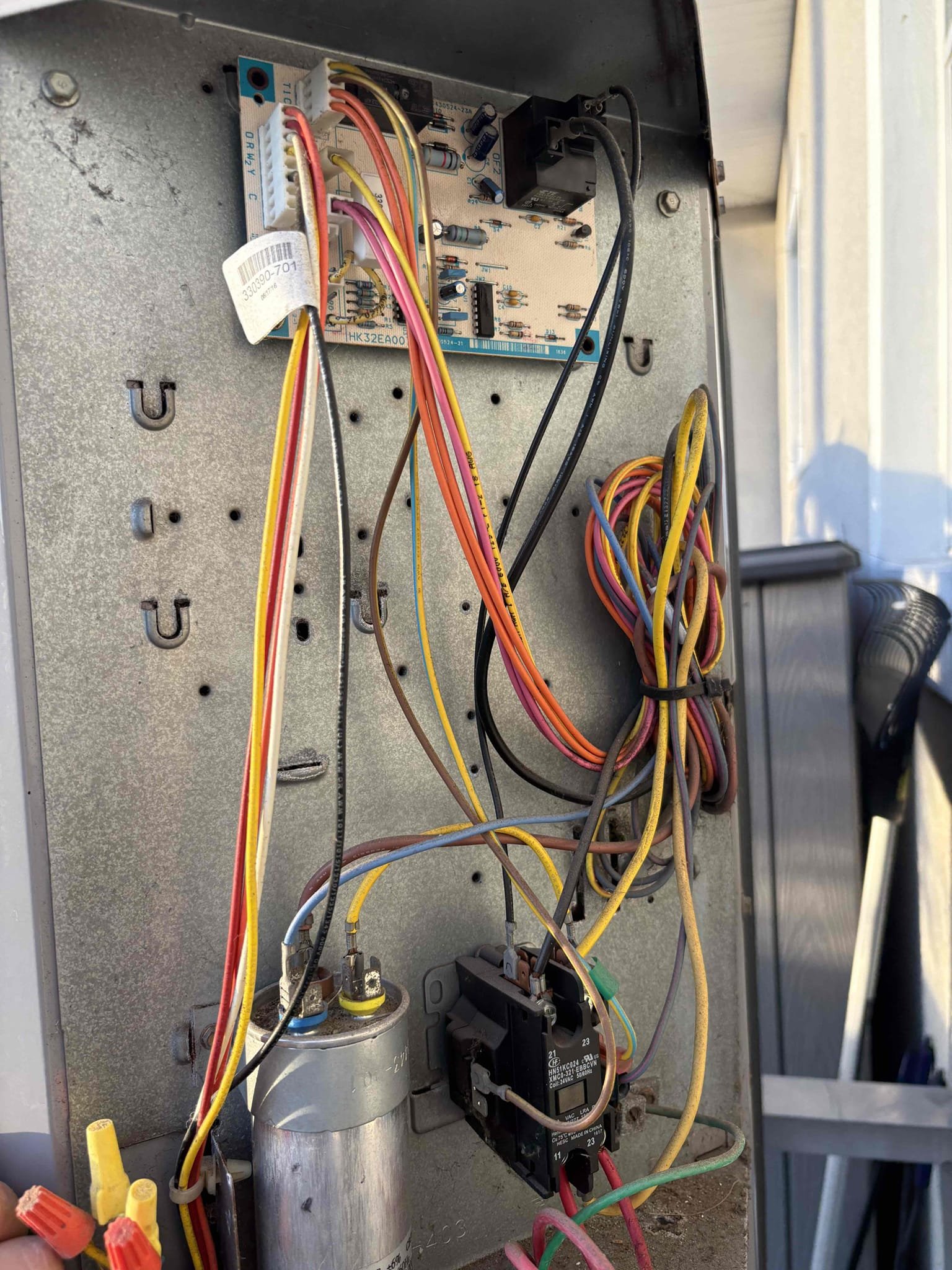 Upon arrival home owner states thermostat is blank and not cooling. Found low voltage fuse within air handler shorted. Found low voltage wiring in condenser rubbing out causing fuse to blow. Taped all wiring along with compressor high voltage. Replaced fuse and verified system operations. 

Found reversing valve not hooked up causing system to only run cooling. Spliced and connected wiring. Programmed Thermostat. Unit is heating and cooling 
Hooked up reversing valve in air handler and programmed Thermosat. No charge for fixing heat. 