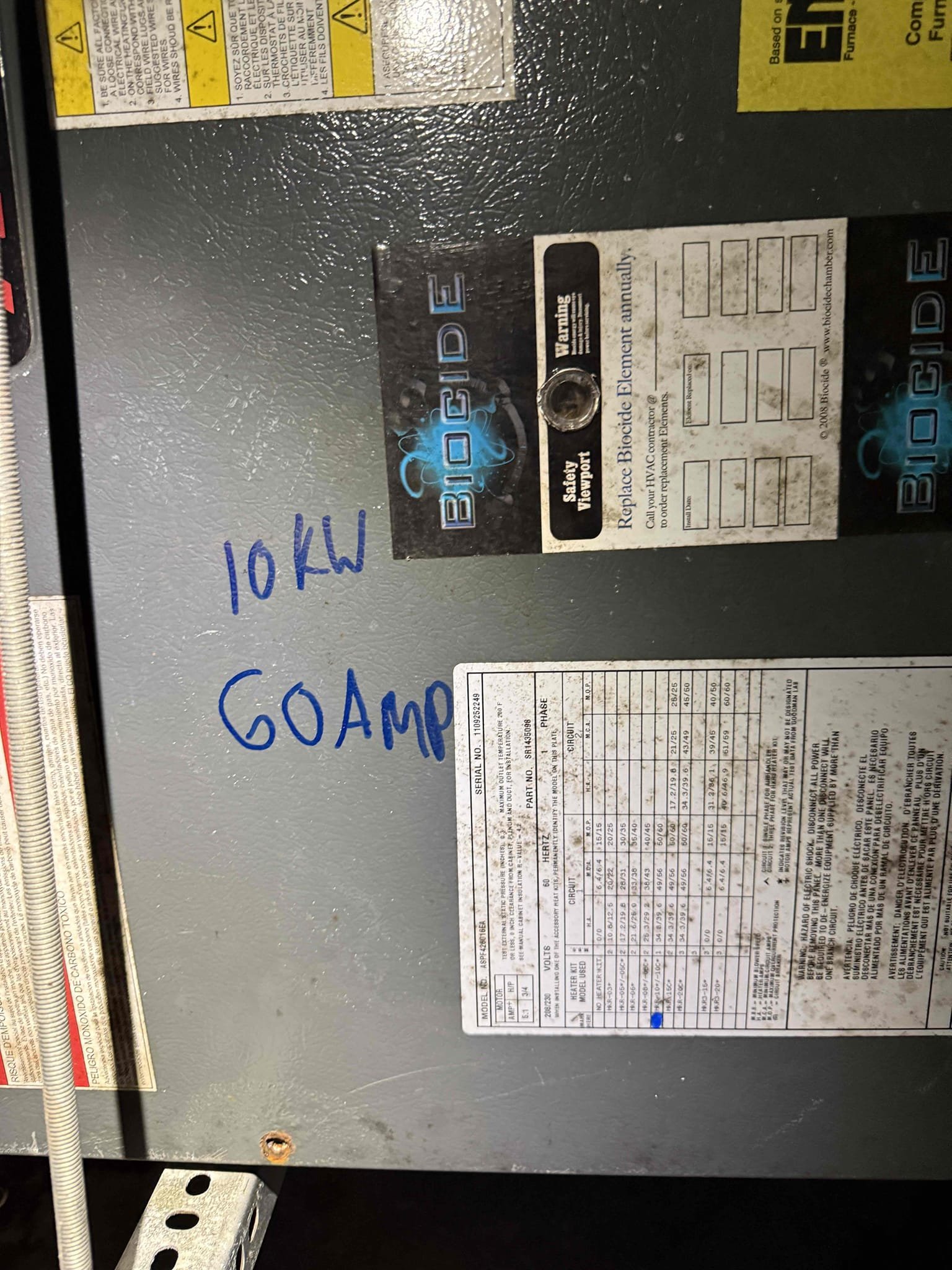 Upon my inspection, found system has no high voltage power to air handler. Diagnosed bad 60amp breaker. Verified breaker size with 10kw heater kit and installed new breaker. Verified system functions. 