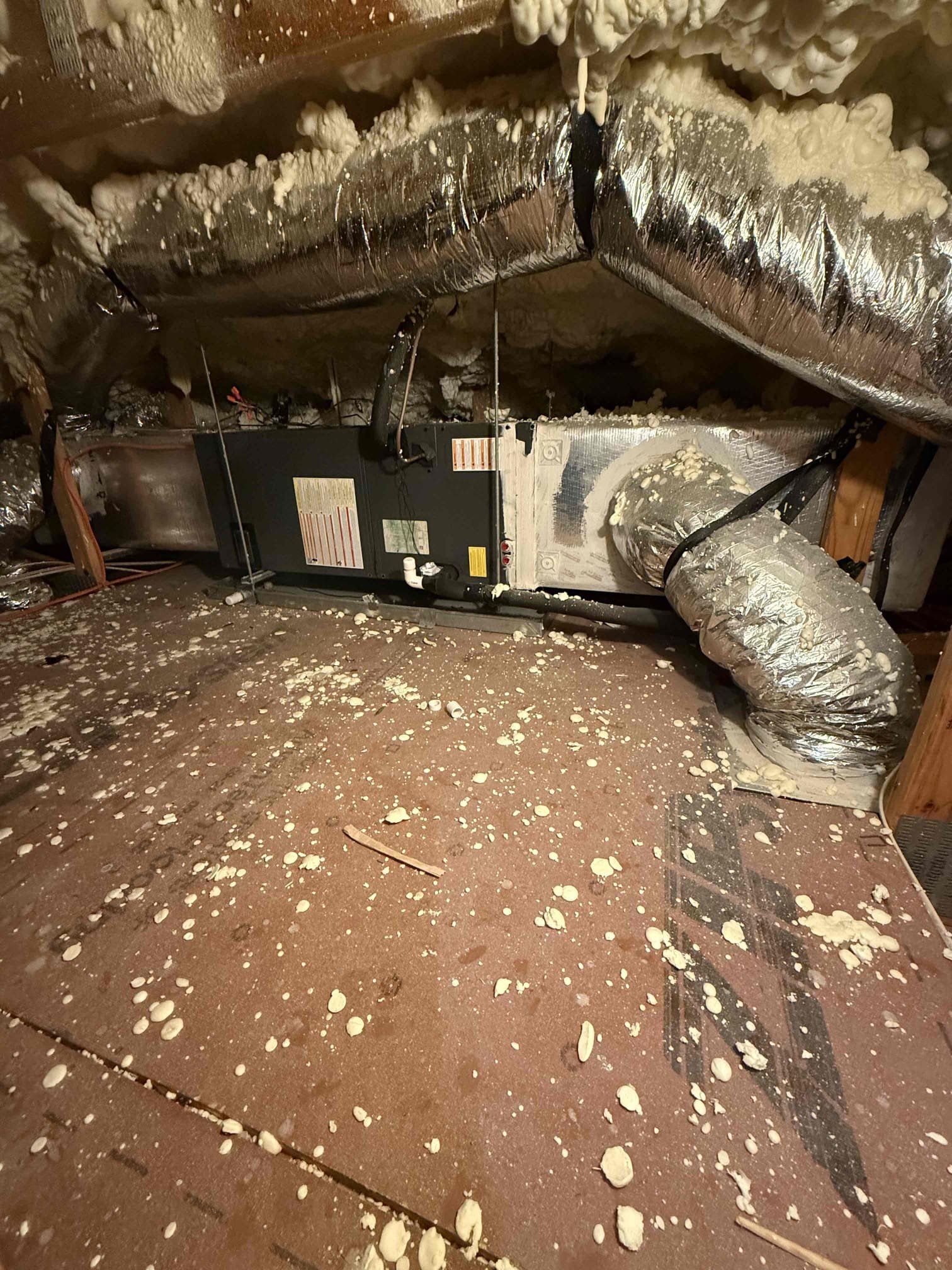 On arrival found unit low on refrigerant and attic has spray foam. Performed leak search and found no prominent leaks. Added refrigerant back to factory specs. Recommend to add dehumidifier in attic due to humidity issues in home. Unit operating properly at this time. 