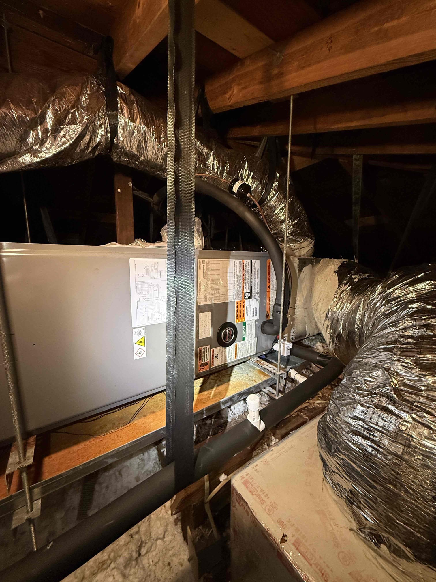 Performed Maitenences on systems. Cleaned/treated drain lines and primary drain pans. Cleaned condenser coils. Evaporator coils are clean. Verified safety float switchs functionality. Checked amp draw on compressors. Checked amp draw on fan motors. Checked capacitors are within factory range. Made sure all connections are tight. Systems are cooling with 20° temperature splits at this time. Verified systems heat properly. 

Strapped up drain line on Ruud system air handler in attic. 

Found a duct run touching another duct and strapped it up to prevent moisture. Will look at it again in the summer time during next Maitenences. 