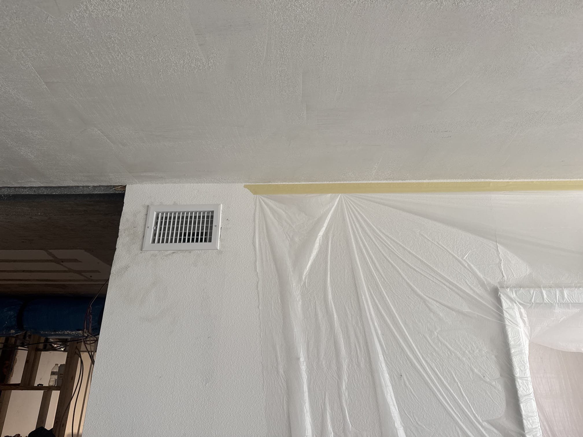 Remove Current Trunk Line (Kitchen)
Run Duct-board Against Back Wall (High and Tight)
Duct Board to Living Room Transition 
Ductboard to Kitchen Transition 
Ductboard to Bathroom Transition (Flush Against Wall)
4” Bathroom Duct & Collar Ran Behind Studs (Mounting Fan Flush)
White Ceiling Registers 
Seal & Strap Ducting  