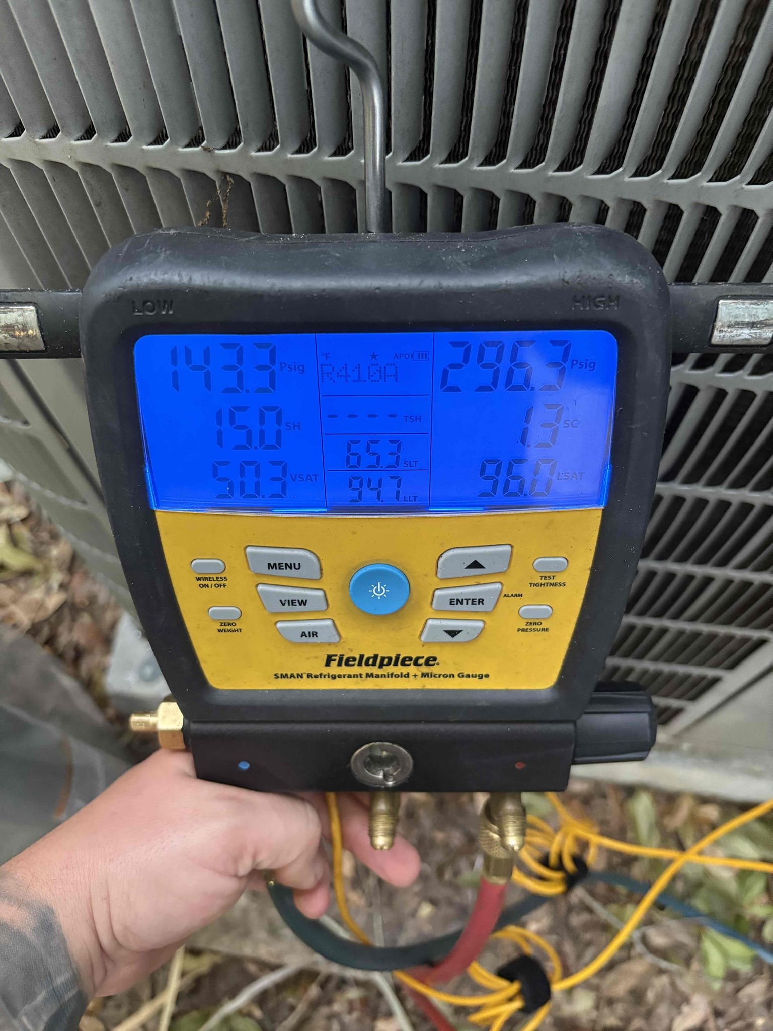 Home owner states unit maid a weird noise. Could not get system to imitate noise. Checked compressor and motor amps. Outdoor motor is pulling higher amps than rated for manufacture. Would recommend replacing to be pro active. System is 5 years old and home owner is not original owner of system. Outdoor electrical disconnect damage. Would recommend replacing. 

Air handler located in attic. Found large amount of bacterial growth acclimating on blower wheel and cabinet. Would recommend sanitizing cabinet and removing blower wheel to sanitize. 

Ductwork is not strap or sealed properly. Also found damaged 12” flex duct from rodent. Would recommend replacing duct. 
