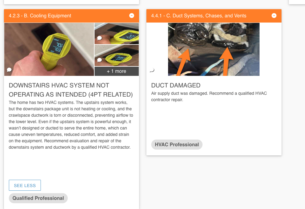 Performed maintenance and inspections on 2 systems. Found downstairs unit cooling but not efficiently due to inadequate ductwork under home. Unit was flooded above compressor plug and has corrosion on plug. Ductwork is attic flex under home and is not rated for damp environments. Main supply is collapsed and restricting air flow. Flex is improperly sealed and strapped for code. Unit does not have p-trap for drainage and water in backing up in unit. Evap coil impacted and is causing restriction of air flow. Recommend to replaced all ductwork under home. Also recommend to make proper repairs and cleanings to unit to allow for safe and efficient operation. 
Upstairs unit has undersized return for 3.5 ton unit. Found no filter for one return in closet. Evap coil is also extremely impacted and return plenum isn’t sealed properly. Drain line is separated under home and should be extended to prevent further condensation issues. Drain line is not properly insulated in attic and should be repla