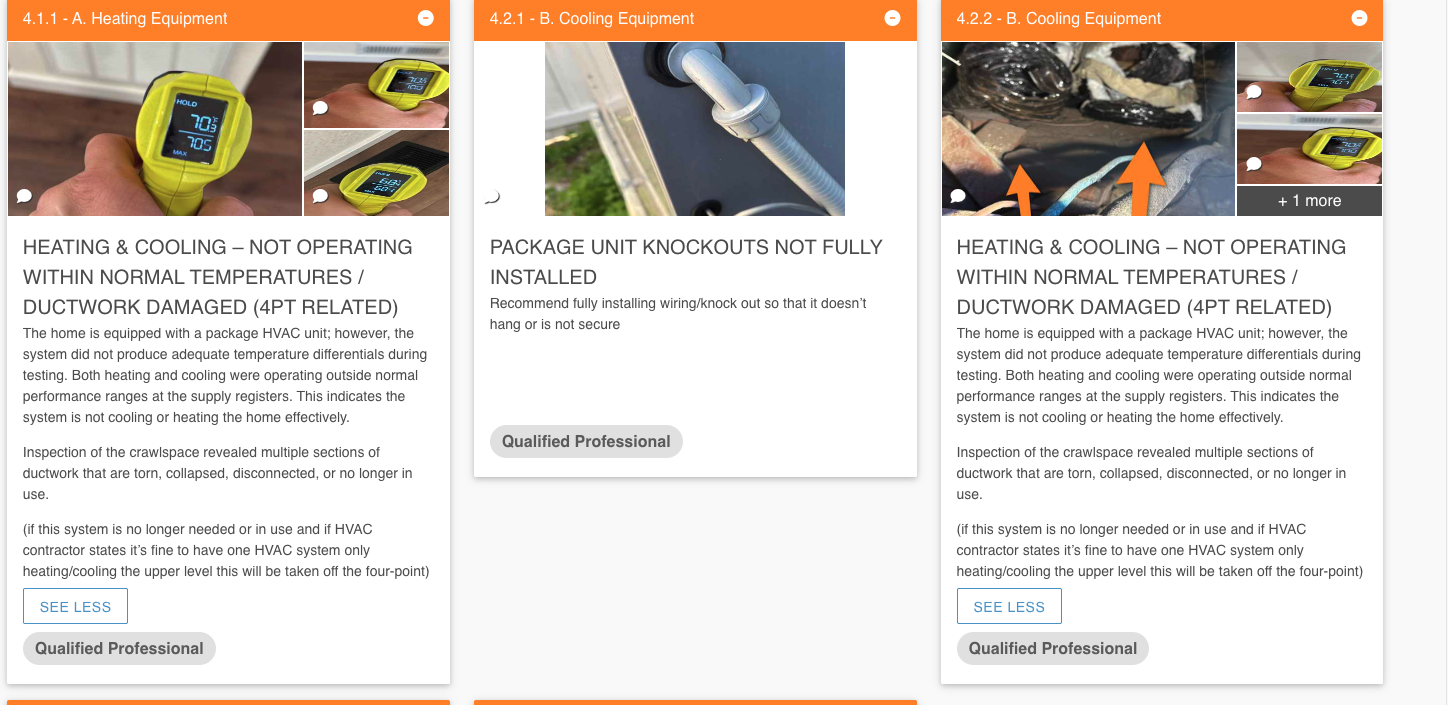 Performed maintenance and inspections on 2 systems. Found downstairs unit cooling but not efficiently due to inadequate ductwork under home. Unit was flooded above compressor plug and has corrosion on plug. Ductwork is attic flex under home and is not rated for damp environments. Main supply is collapsed and restricting air flow. Flex is improperly sealed and strapped for code. Unit does not have p-trap for drainage and water in backing up in unit. Evap coil impacted and is causing restriction of air flow. Recommend to replaced all ductwork under home. Also recommend to make proper repairs and cleanings to unit to allow for safe and efficient operation. 
Upstairs unit has undersized return for 3.5 ton unit. Found no filter for one return in closet. Evap coil is also extremely impacted and return plenum isn’t sealed properly. Drain line is separated under home and should be extended to prevent further condensation issues. Drain line is not properly insulated in attic and should be repla