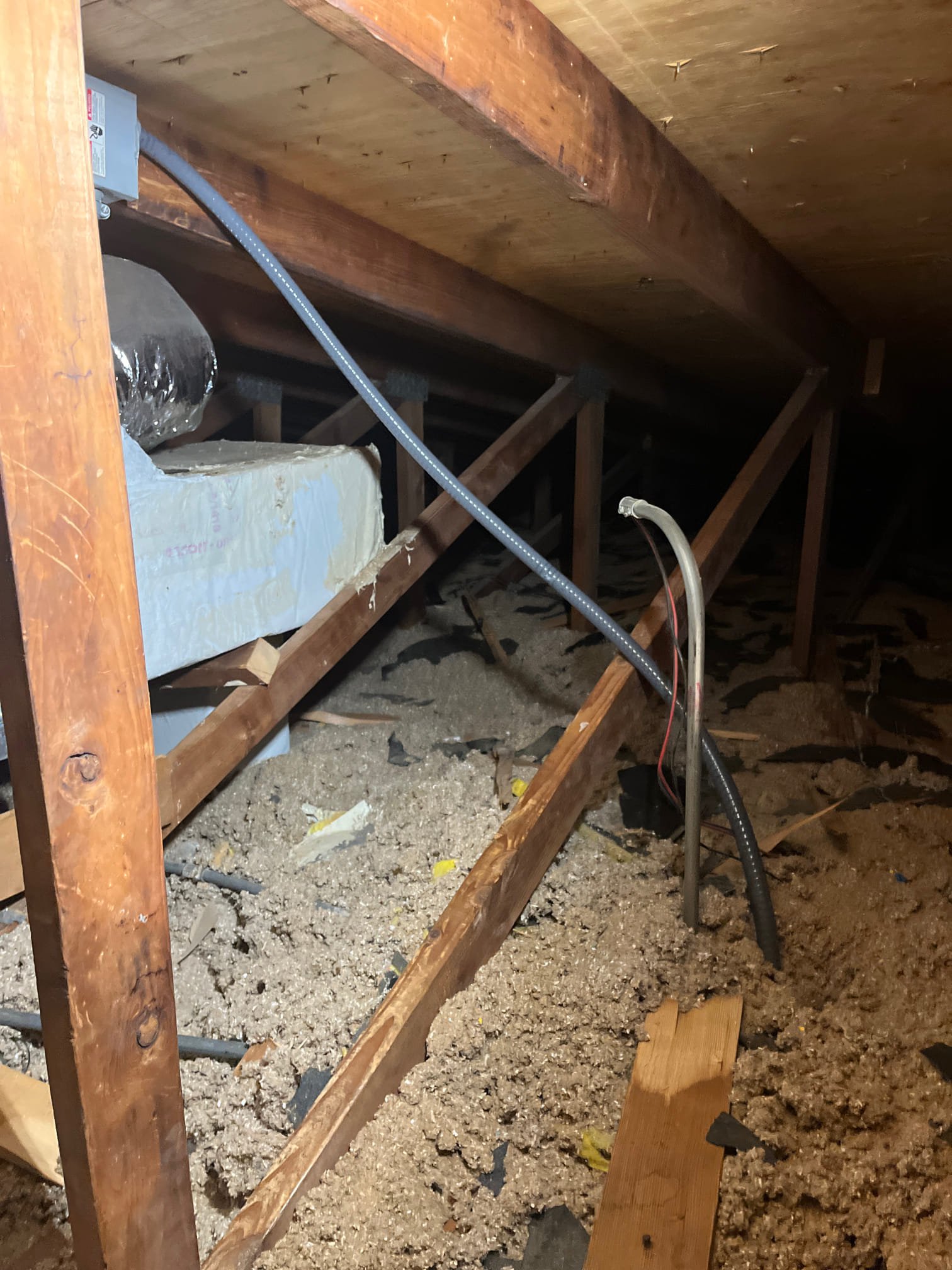 Pump down system 
Remove air handler 
Remove hanging kit 
Install new hanging kit 
Install air handler 
Re pitch drain line/insulate 
Install primary safety float switch 
Extend high voltage 
Mount electrical disconnect 
Seal supply/return plenum 

*further diagnosis will be needed after unit is serviceable 
*waived 95$ diagnostic 