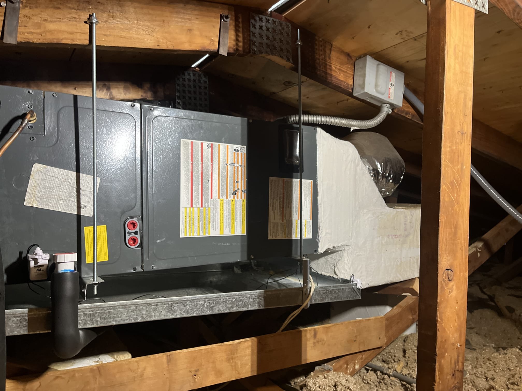 Pump down system 
Remove air handler 
Remove hanging kit 
Install new hanging kit 
Install air handler 
Re pitch drain line/insulate 
Install primary safety float switch 
Extend high voltage 
Mount electrical disconnect 
Seal supply/return plenum 

*further diagnosis will be needed after unit is serviceable 
*waived 95$ diagnostic 