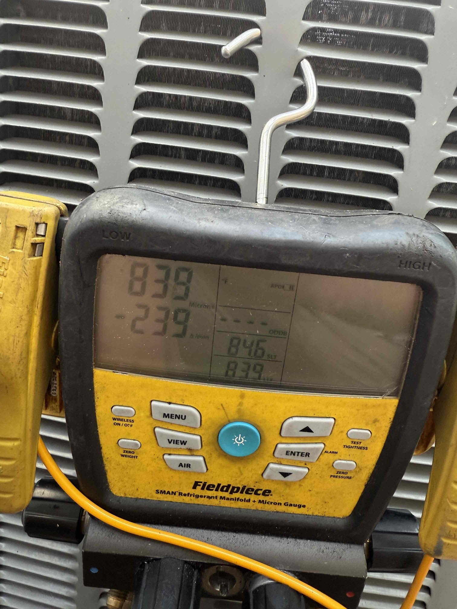 Replace warranty compressor, plug, and filter dryer. Pressure test and pull vacuum to remove impurities. Weighed in refrigerant back to factory specs. Performed coil chemical cleaning for air handler. Clear pan and drain. Install new filter. Unit cooling properly at this time. 