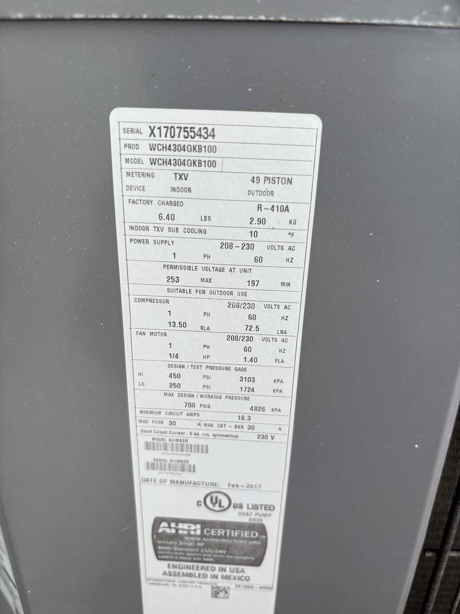 Unit not cooling due to failed outdoor capacitor. Replaced capacitor and verified operations.

Outdoor motor amps close to data tag rating (potential failure) 