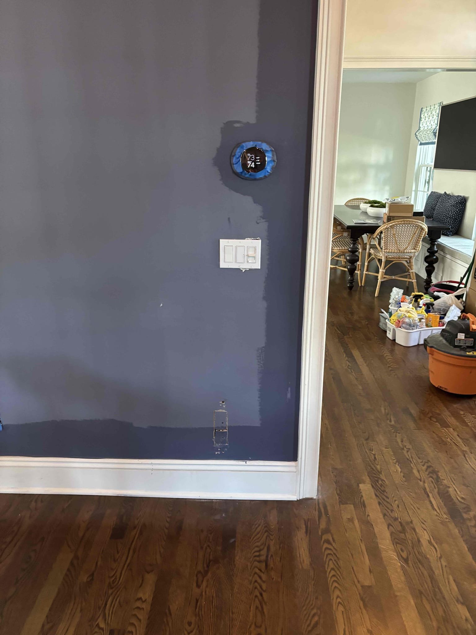 Cut in 2 new chandelier locations in centering them in between the can lights remove power from existing chandelier and tie into new locations 
Rewire, realign, and install 2 new 3in can lights
Install Lutron smart dimmer switch, 3 way switch and pico battery smart switch to control can lights from all 3 entry points into the room 
Remove and install wires in boxes in crawl space for electrical that was in the removed wall
Add a new switch and run power over to the future location of the bookshelf leave coil of wire for future connection by bookshelf contractor 
*** not responsible for drywall repairs 
