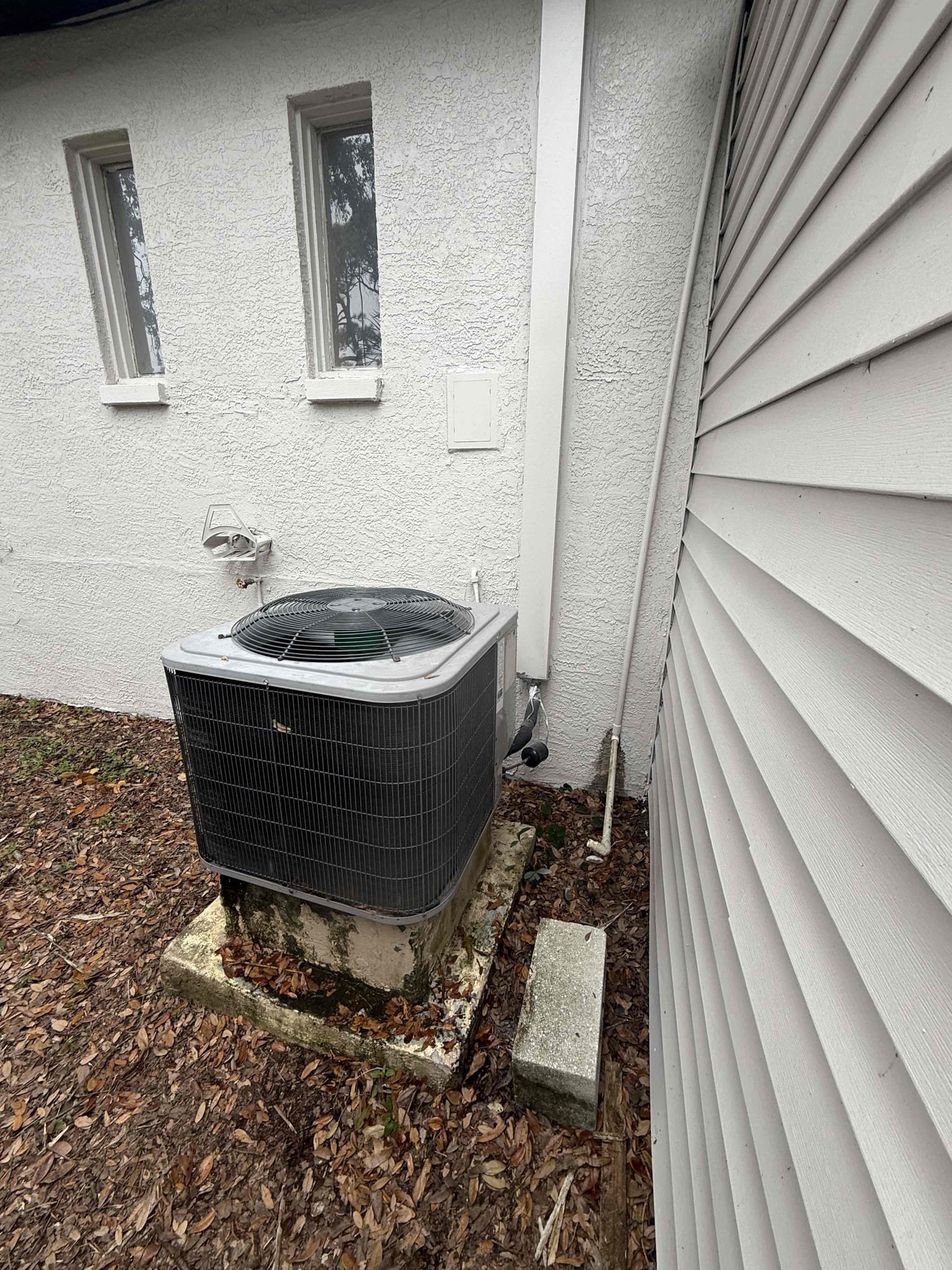 On arrival found unit not cooling due to bad condenser fan motor. Replaced fan. Start and test. Unit has been fully submerged in salt water with heavy corrosion. Made client aware unit can fail at any point. Client declined system replacement estimate at this time. Unit cooling. 