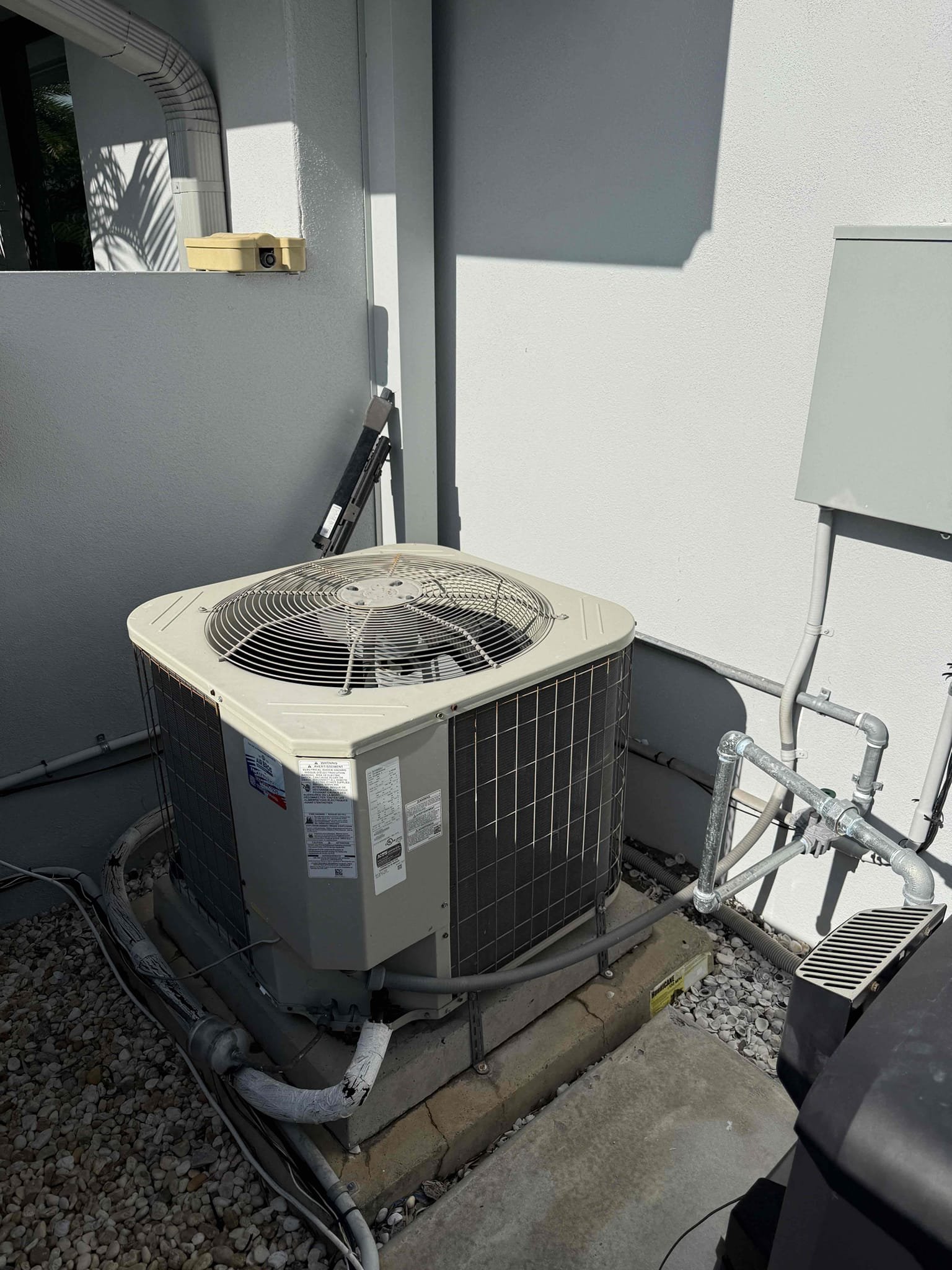 Performed Maitenences on systems. Cleaned/treated drain lines, condensate pumps, and primary drain pans. Cleaned condenser coils. Evaporator coils are clean. Verified safety float switchs functionality. Checked amp draw on compressors. Checked amp draw on fan motors. Checked capacitors are not within factory range. Recommending replacing both systems capacitors as they are both out of factory tolerance range. Found main condenser high voltage connector to condenser service panel was loose and broken off. Made necessary repairs. Also found compressor wire to the capacitor start terminal was damaged and at risk of shorting out. Made new wire connection. Made sure all connections are tight. Main system is  cooling with 20° temperature split at this time However the Master bedroom system is low on refrigerant and we recommend adding an estimated 3lbs of refrigerant to achieve proper subcool to start since we have not added refrigerant to this system in the past. On the next Maitenence we w