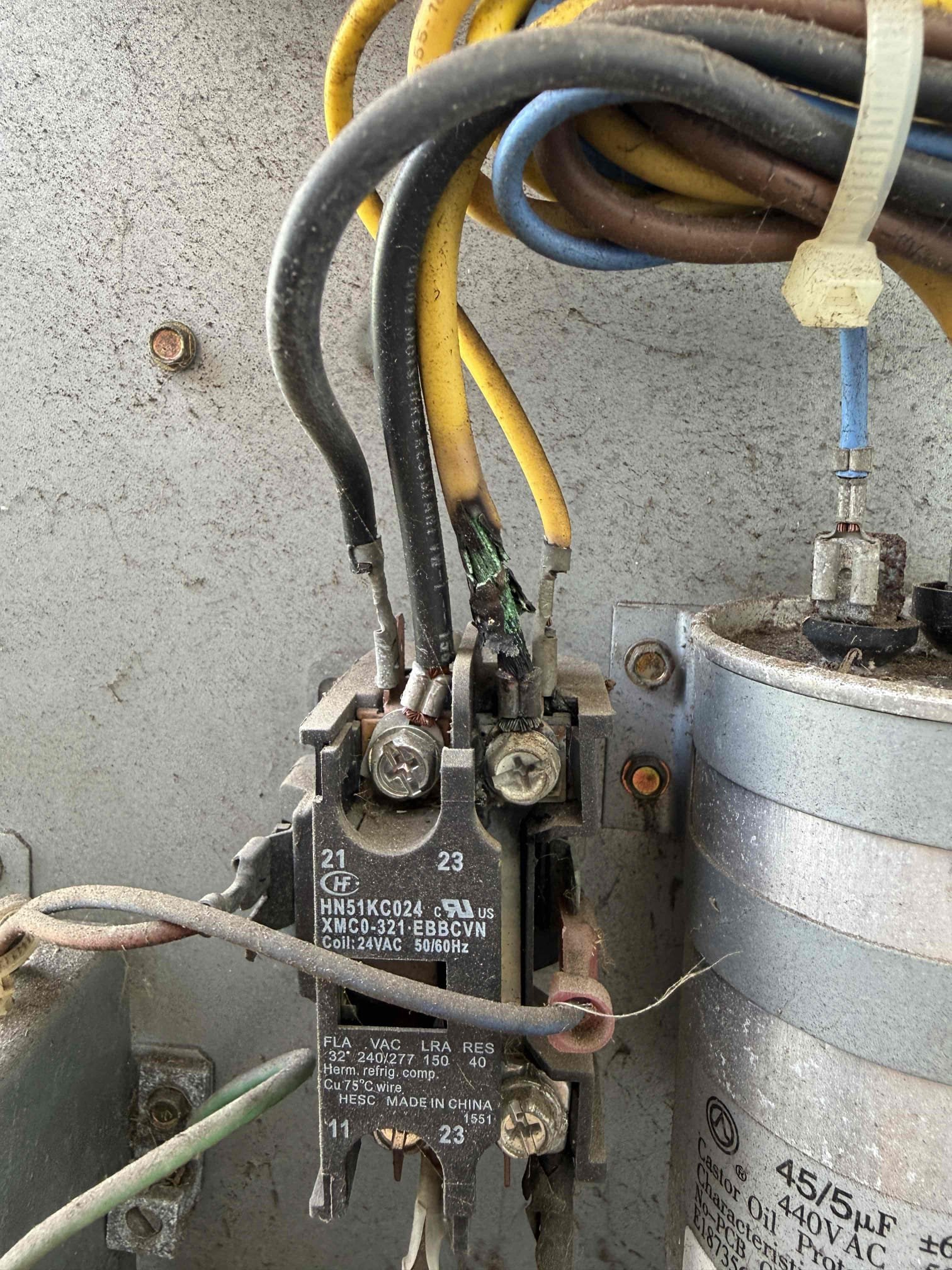 Upon my inspection, I found the evaporator Blower Motor is faulty and will not turn off. Replaced 1/2 hp ecm blower motor, Cleaned blower housing and blower wheel. Found evaporator coils were dirty and needed cleaning. Performed an in place evaporator coil cleaning. Cleaned drain line and drain pan with treatment. Wiped down entire air handler inside and outside. Found small piece of insulation missing on drain line. Installed new piece of insulation in the spot and wrapped it up with duct tape. At condenser, found a fried compressor wire at the Contactar. Replaced Contactar complimentary and repaired wire with new connector. Found bad capacitor. Replaced capacitor. Found compressor wire inside condenser unit near the compressor was rubbing up against copper and almost rubbed all the way through the wire insulation. Wrapped up wire with electrical tape and strapped wire up to avoid rubbing. Checked system pressures. System is cooling properly at this time. 
Start up amp draw on compres