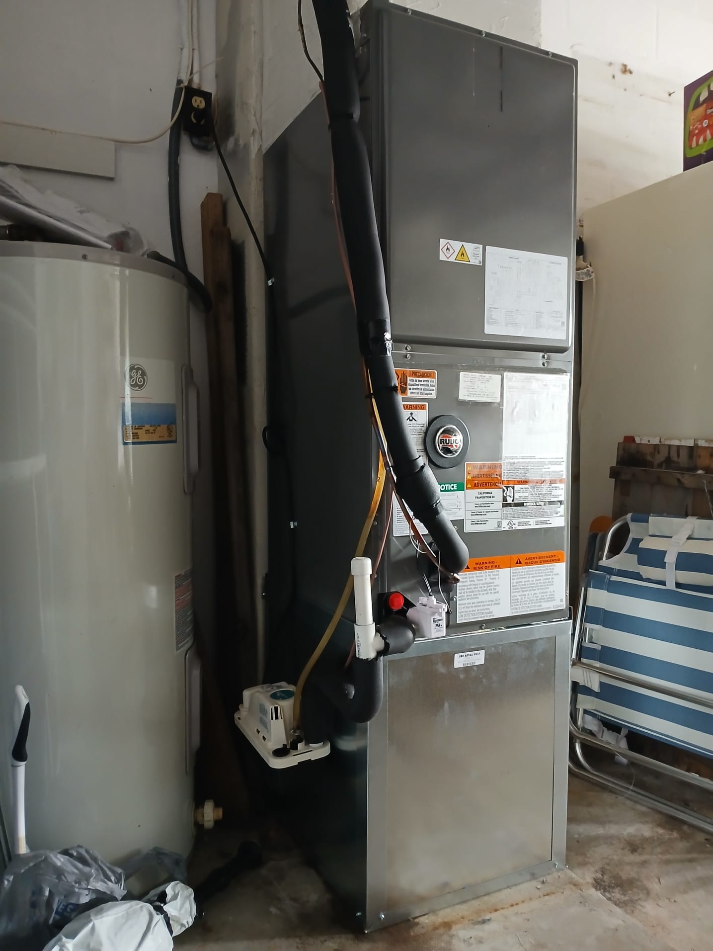 Furnish and install the following 
Ruud 3 ton 15.2 seer2 heat pump split system with 5kw heater
Hurricane pad
Anchor condenser 
Homeline breakers 30/30
Relocate condenser around corner of home
Insulate copper 
Add disconnect to end of existing electrical whip for condenser
New metal insulated stand
Condensate pump
New supply plenum
Primary float switch
Remove existing equipment 
Connect to existing ducts and electrical 
Seal unit to code
Tax labor and permit included
10 year parts warranty 
3 year labor warranty 
Client approved 0% for 18 month financing 