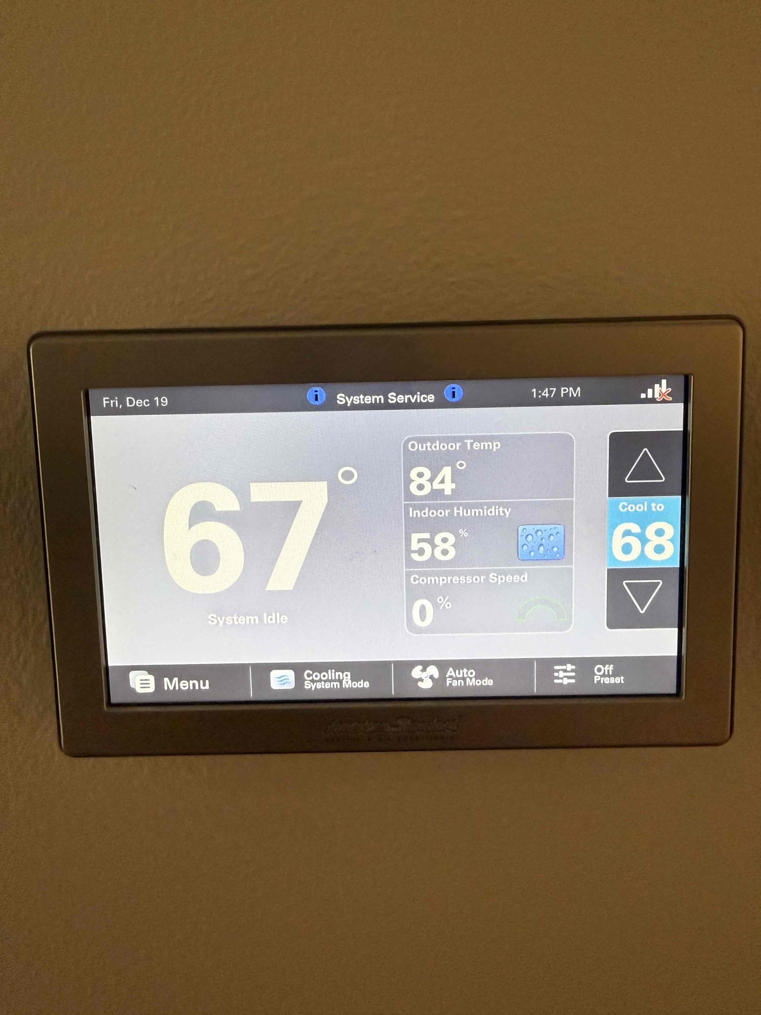 Performed Maitenence on system. Cleaned/treated drain line and primary drain pan. Cleaned condenser coils. Evaporator coils are clean. Verified safety float switch functionality. Checked amp draw on compressor. Checked amp draw on fan motor. Inspected Contactar. Made sure all connections are tight. System is cooling with a 20° temperature split at this time.

Investigated high humidity issue. 
Changed air handler variable speed fan motor setting from 400 CFM to 360 CFM. Air handler is a 3 1/2 ton condenser is a 3 ton. Home is 1400 ft.². System pressures indicate that system is slightly undercharged according to factory specs. Spoke with client about maintenance plan and checking pressures and humidity in the next six months.
Inspected duct work. Duct work looks good and sealed. 

Condenser has fault code: 
UNIT BUS FLT 2
CDA COM BUSY
- reset fault codes