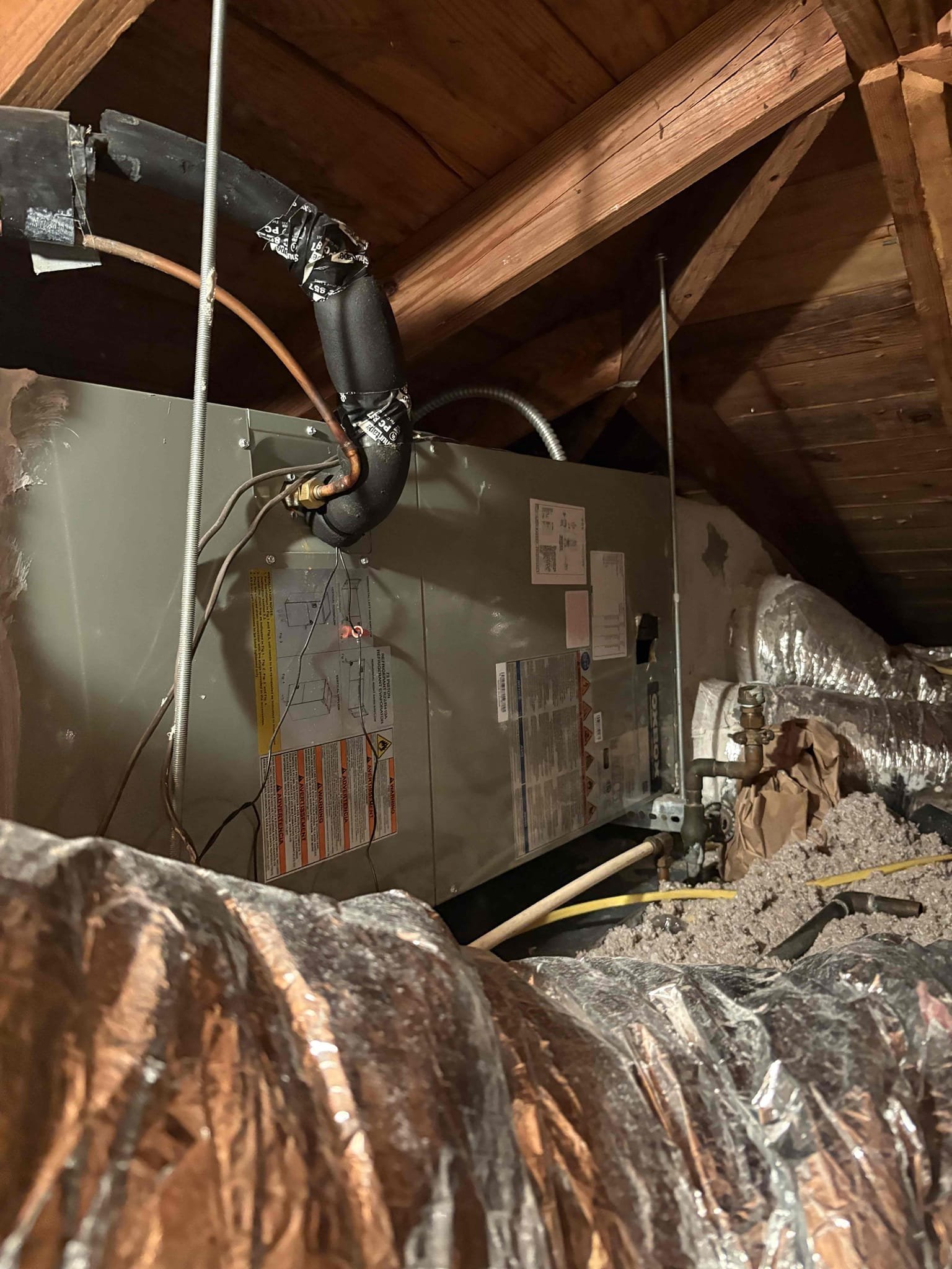 Thermostat wired and programmed for heat pump. System is a straight cool. Re wired and re programmed Thermostat. Verified system was heating and cooling. 

Recommendations 
-supply plenum is not sealed properly. Air leaking into attic. 