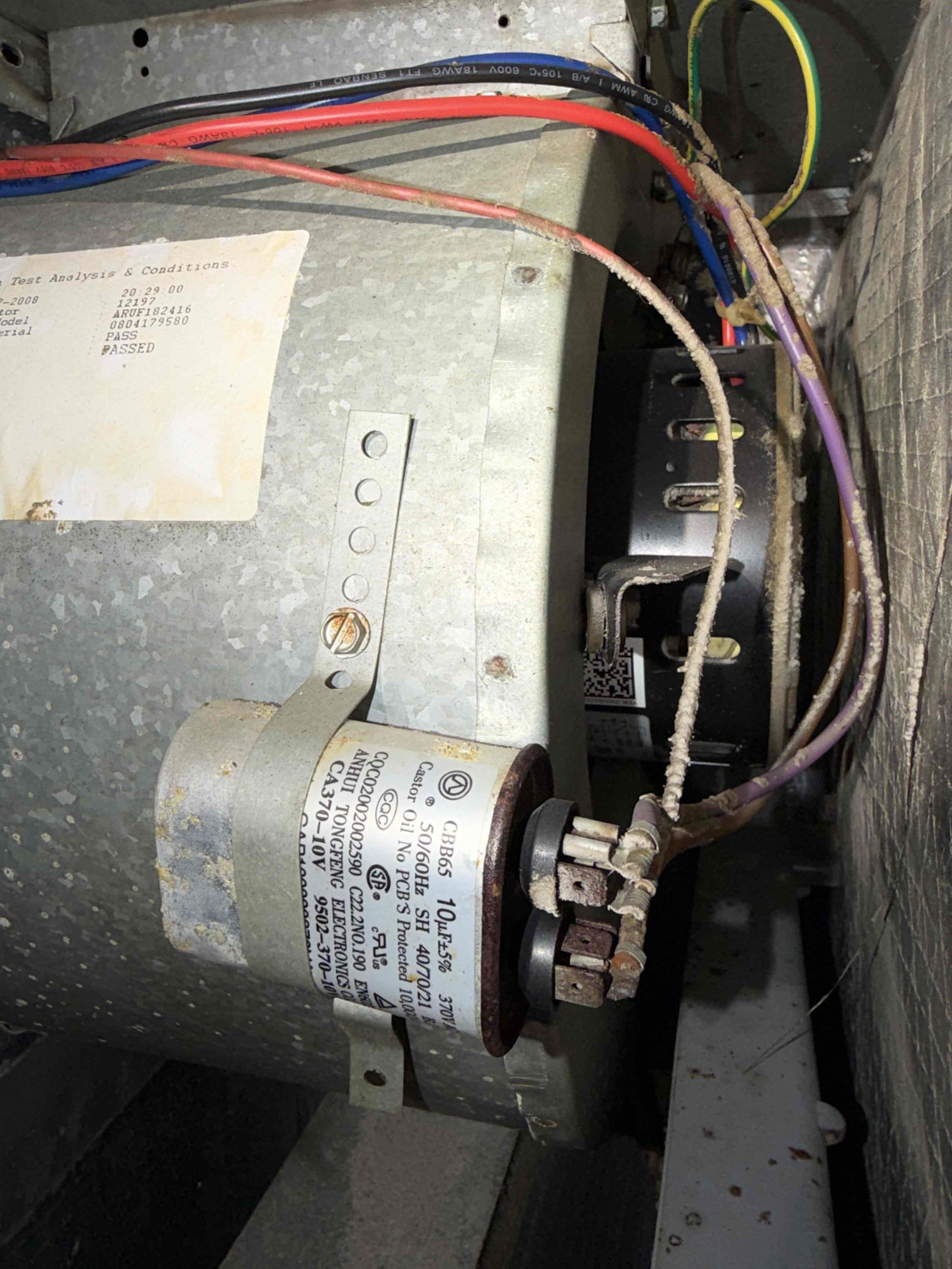 Performed Maitenence on system. Cleaned/treated drain line and primary drain pan. Cleaned condensate pump. Cleaned condenser coils. Evaporator coils are very dirty but coils are too old to clean safely. Verified safety float switch functionality. Checked amp draw on compressor. Checked amp draw on fan motor. Checked capacitor is not within factory range. Inspected Contactar and found pitting, corrosion and rust. Made sure all connections are tight. System is cooling with a 20° temperature split at this time.
Replaced Contactar. 
Replaced Condenser capacitor. 
Replaced Air handler capacitor. 
10% bundle discount
Recommended merv 8 air filter. 