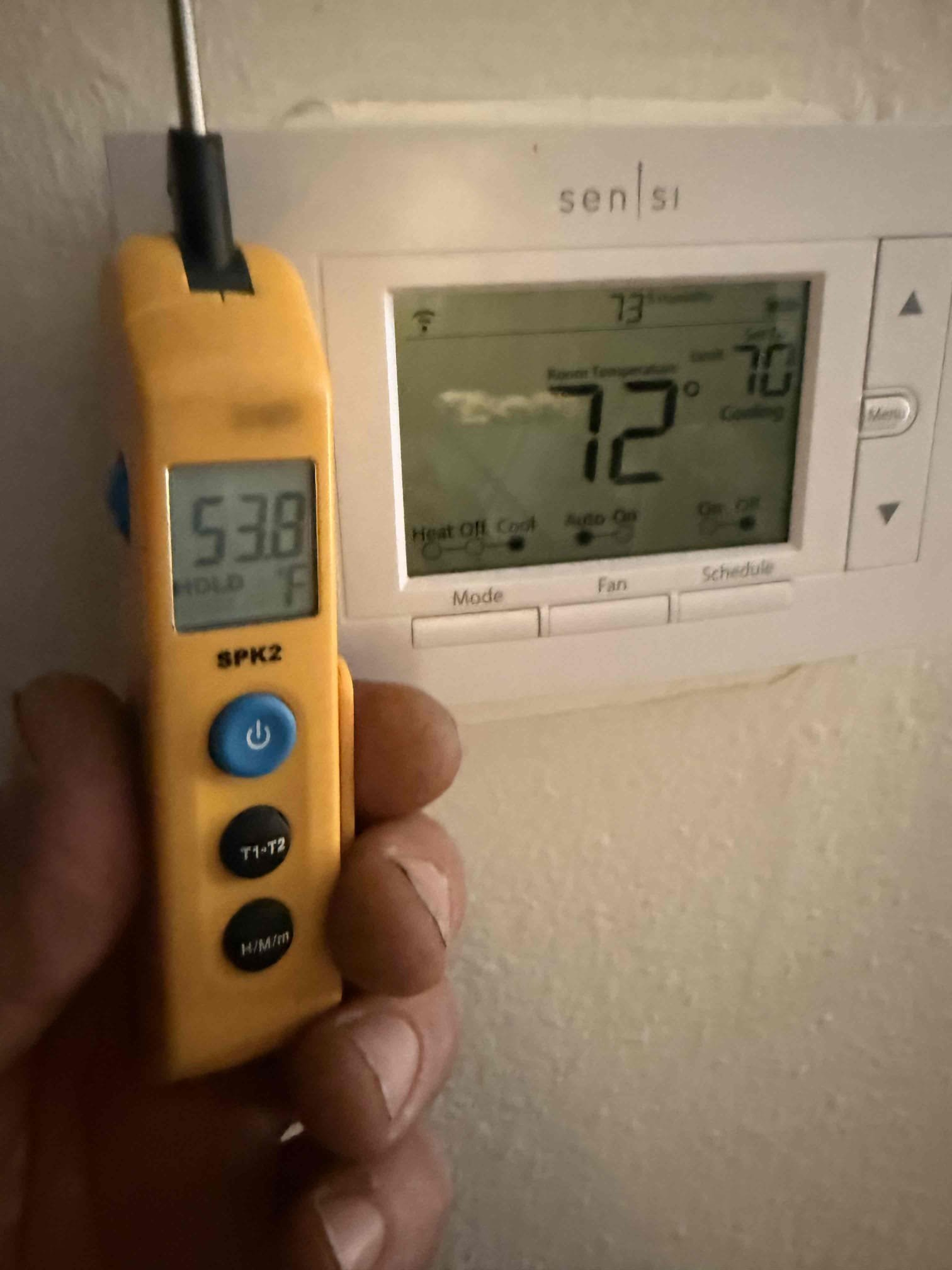 Performed inspection of ducts and unit. Unit has proper temperature split. Pressures are good and in spec. Took humidity reading and found home average was 58% where thermostat shows 70%. Duct work is good shape. Client states there was weird smell in home that started recently. Found rodent nests in attic and smells like there has been recent activity. Recommend to have pest control performed. No debris found in grills. Unit is cooling properly. 