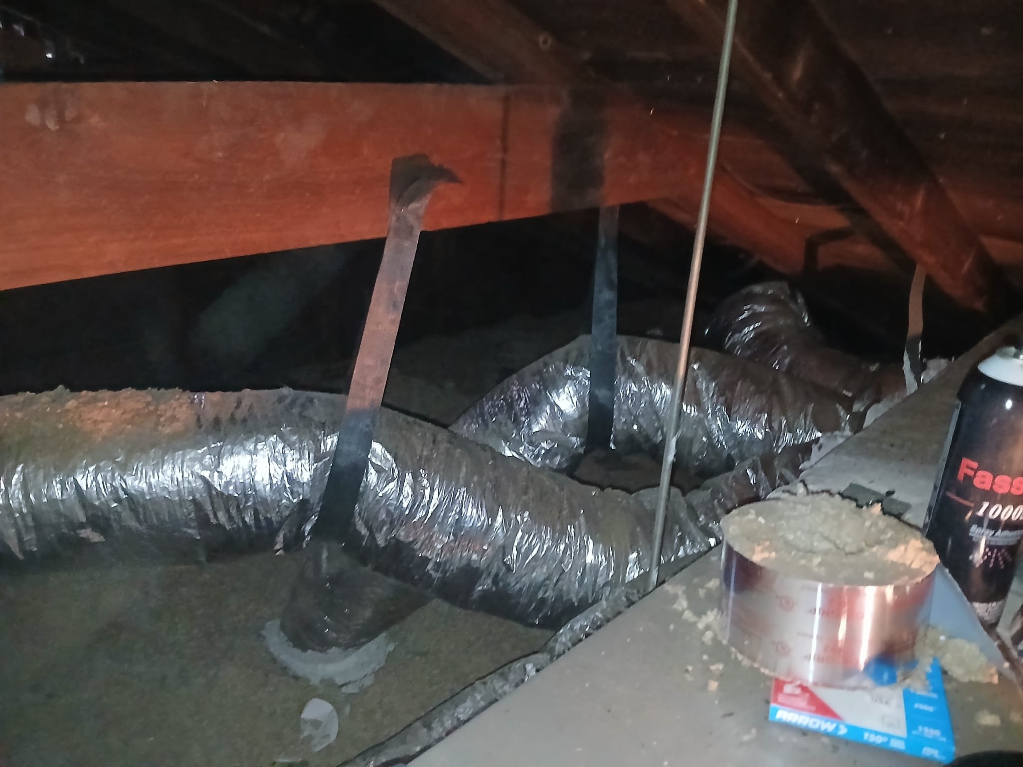 Strap up all existing duct work. 
Tape all connections. 
Mastic seal all connections. 