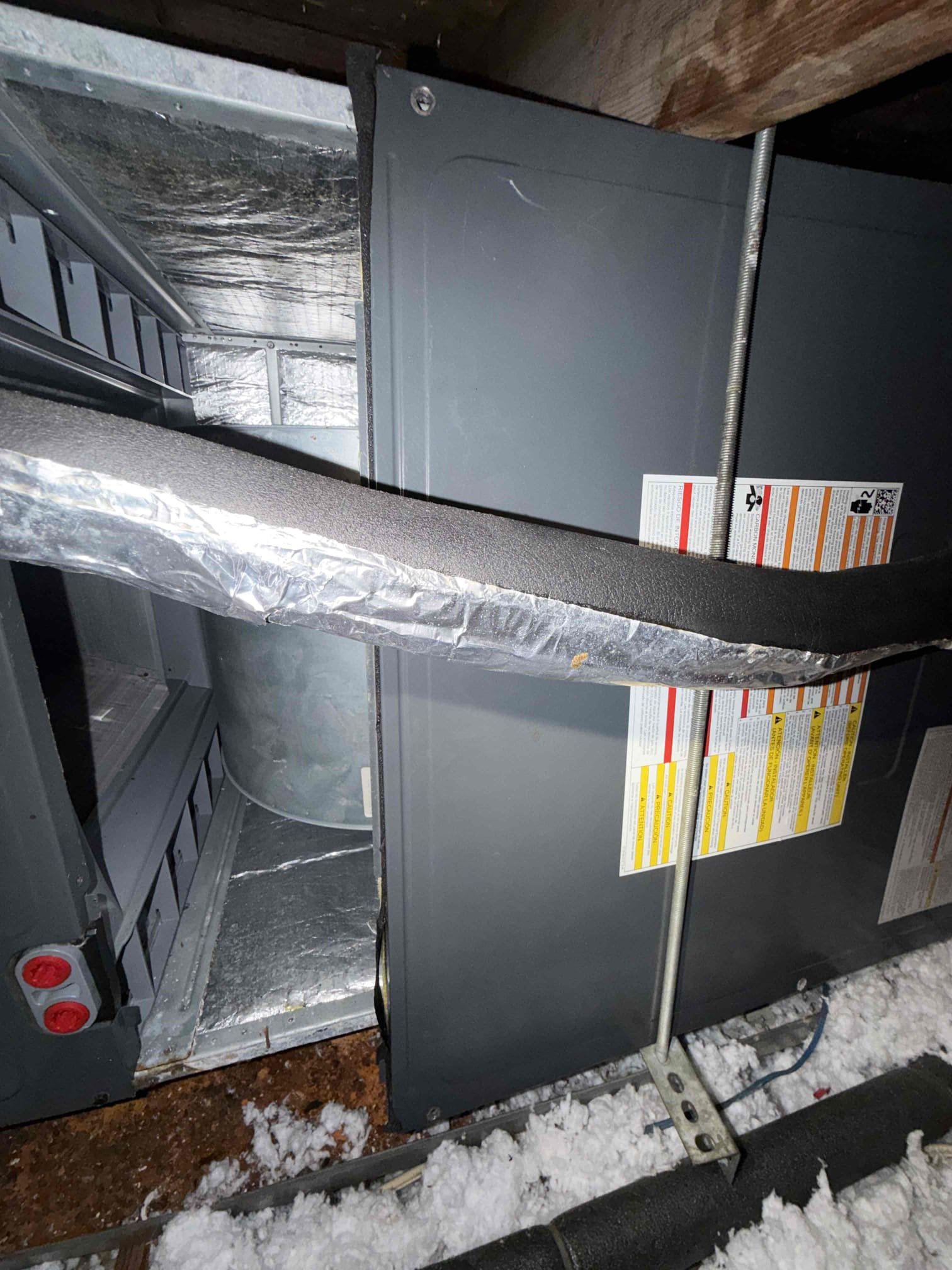 Performed Maitenence on system. Cleaned/treated drain line and primary drain pan. Drain line very clogged, broke free with nitrogen and added a union joint for future accessibility. Installed 1ft of new drain insulation complimentary. No P trap on drain line. Installed new P trap. Cleaned condenser coils. Evaporator coils are clean. Very hard to get the Doors off the unit. Verified safety float switch functionality. Checked amp draw on compressor. Checked amp draw on fan motor. Checked capacitor is not within factory range. Replaced capacitor.  Inspected Contactar. Made sure all connections are tight. System is cooling with a 20° temperature split at this time.

Quote sent and accepted for all duct work repairs. Duct work has many connection issues, supply plenum is dumping air out of the top, duct runs are not strapped up, duct runs are burried in blown in insulation, boots and not sealed to the ceiling and are causing growth to grow on the ceiling. System does not have UV system. 
Re