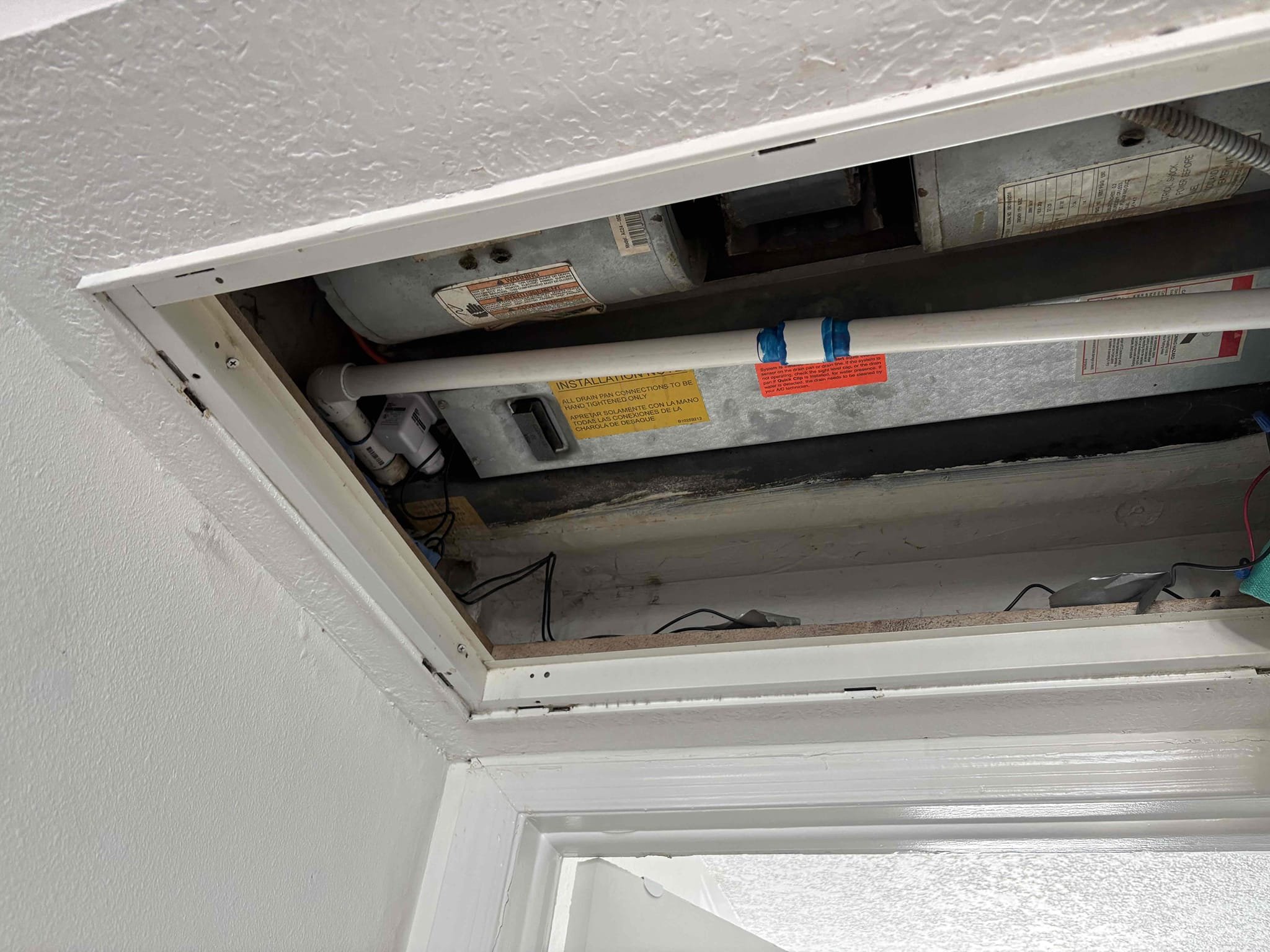 Home owner states unit was leaking at pvc joint. Found insulating to refrigerant lines lacking above problematic joint. Re insulated drain line. Verified system was draining. Drain line connection was pipe putty in and explained that we could crack drain pan when undoing connection. Will send estimate over to replace pan and re do all pvc connections. 