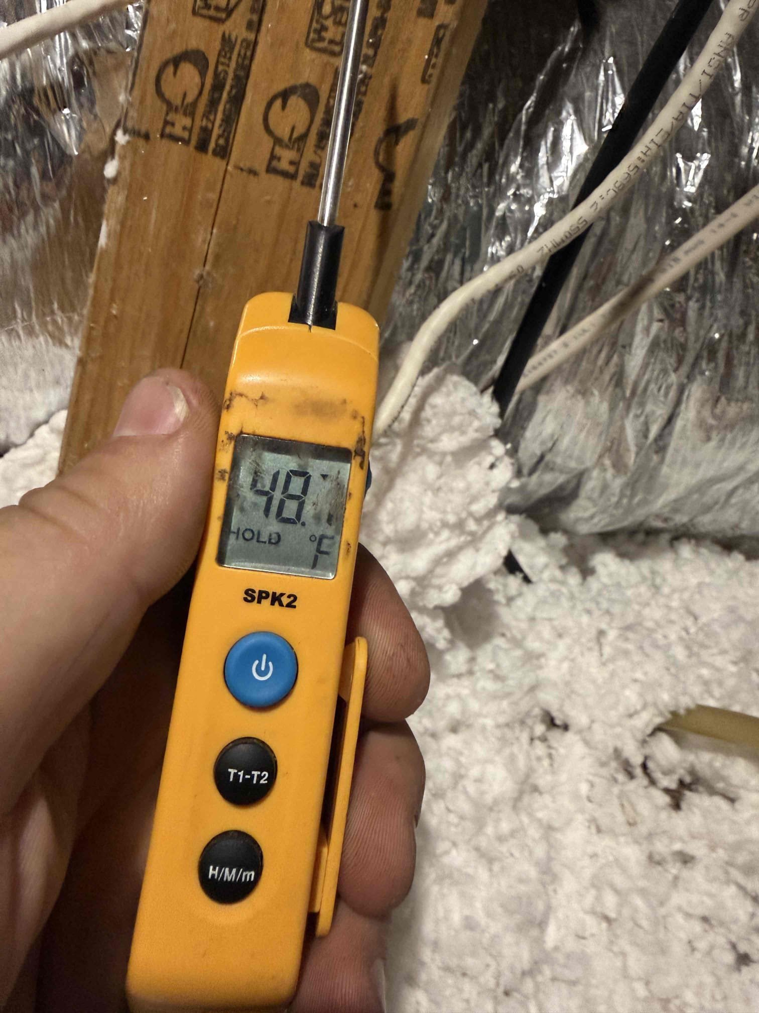 Client states that when turning on heat, smoke came out of vents. Inspected unit and found heat strip turning on for first time caused dust to burn off and produce smoke in home. Amp draws good. Temp split good. All connections are tight. Found aux pan below unit to not fully cover air handler and does not have float switch. Blower is dirty with growth and debris. Recommend to add float switch and move pan, pull and clean blower wheel, and add uv treatment to system to prevent growth in air handler. Changed all filters. Unit operating properly at this time. Made client aware without safety switch and pan properly positioned below unit, possible ceiling damage if unit leaks in attic. 