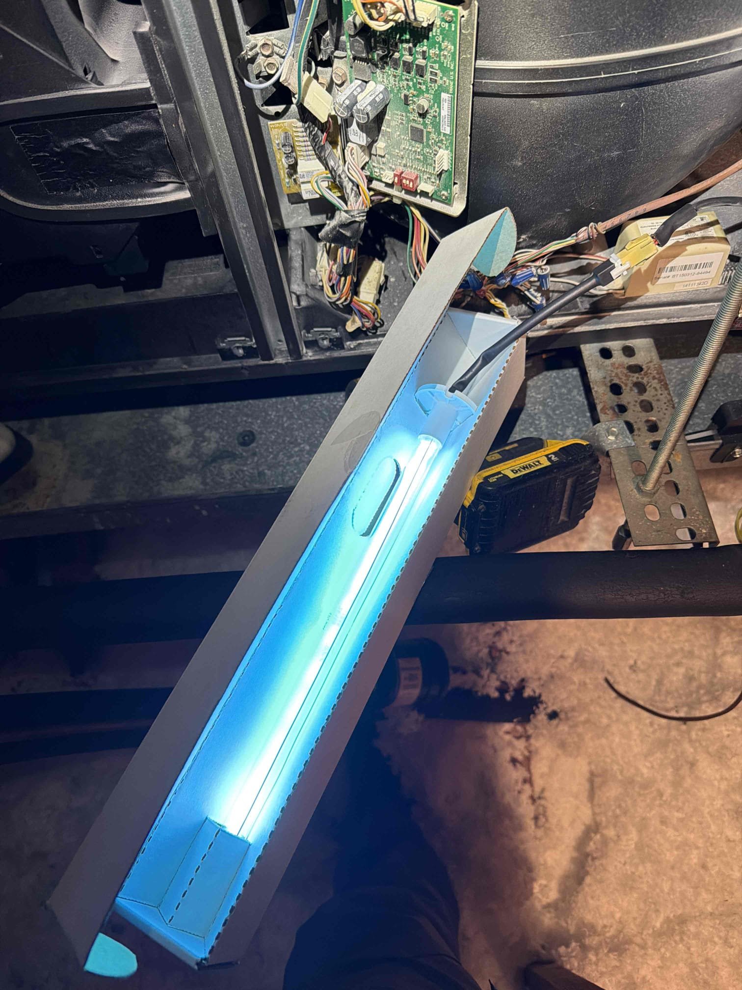 Installed two ss2 safety float switches in system 2 and 3. 
Installed two New UV light systems in system 1 and 3. 
Eliminated two UV bulbs that we cannot find replacements for in system 1. 
Replaced one UV bulb in system 2. 
Leveled air handler 1. 