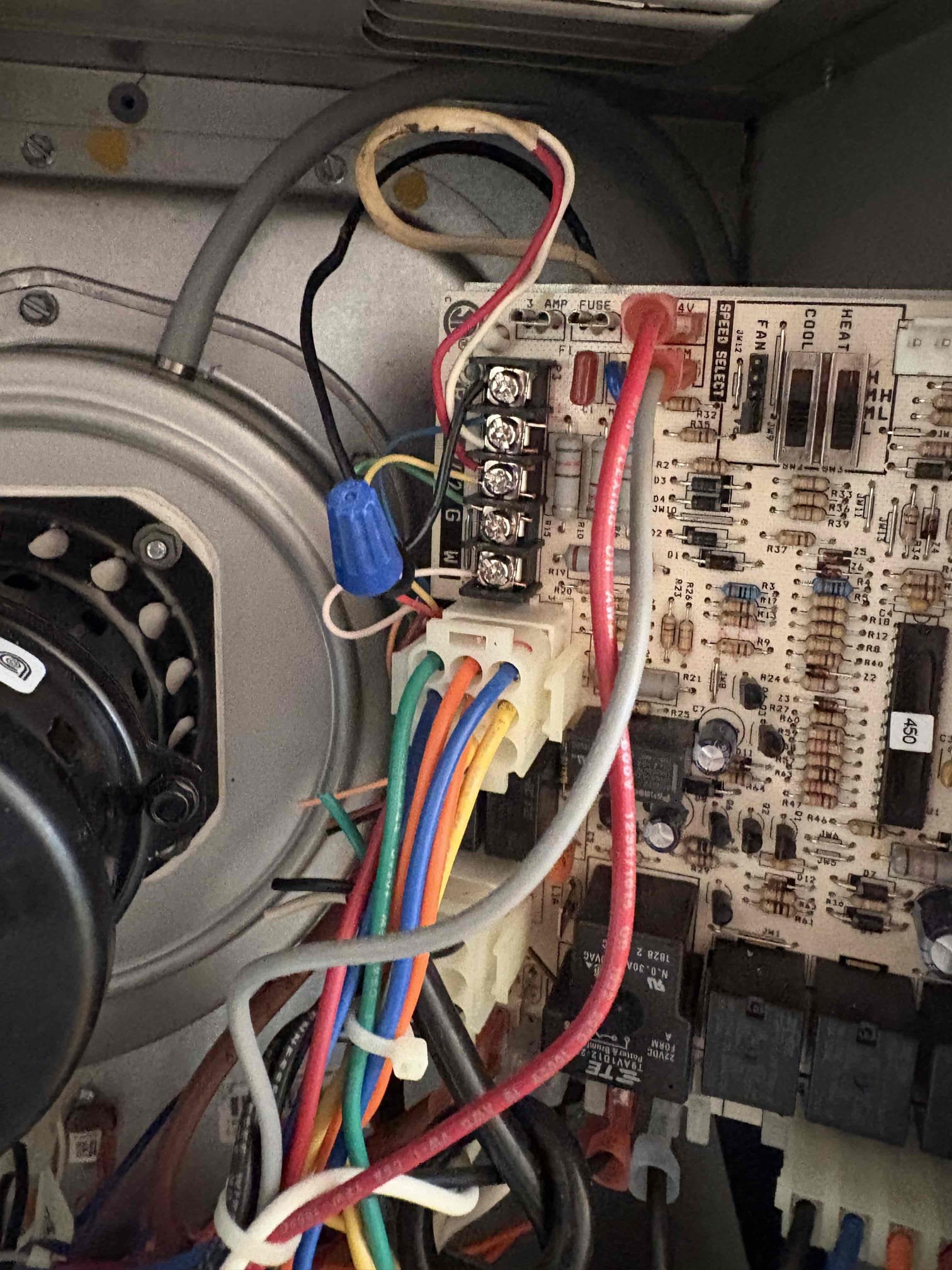 Lose wire connections from Thermosat to furnace board. Re did wiring and verified system operations. Unit is currently cooling. 