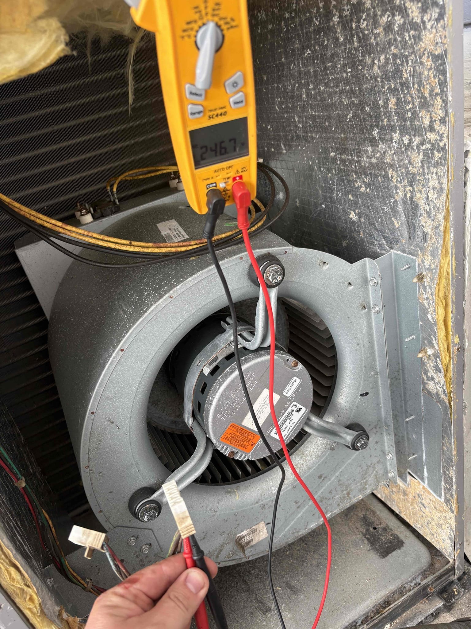 System not operating due to failed indoor blower motor. Heater kit going out on thermal. Will need to replace motor in order to test further operations. 

Replaced with aftermarket motor. Verified system was heating and cooling. 

11 year old comforter maker package unit 

Went over options to replace as well 