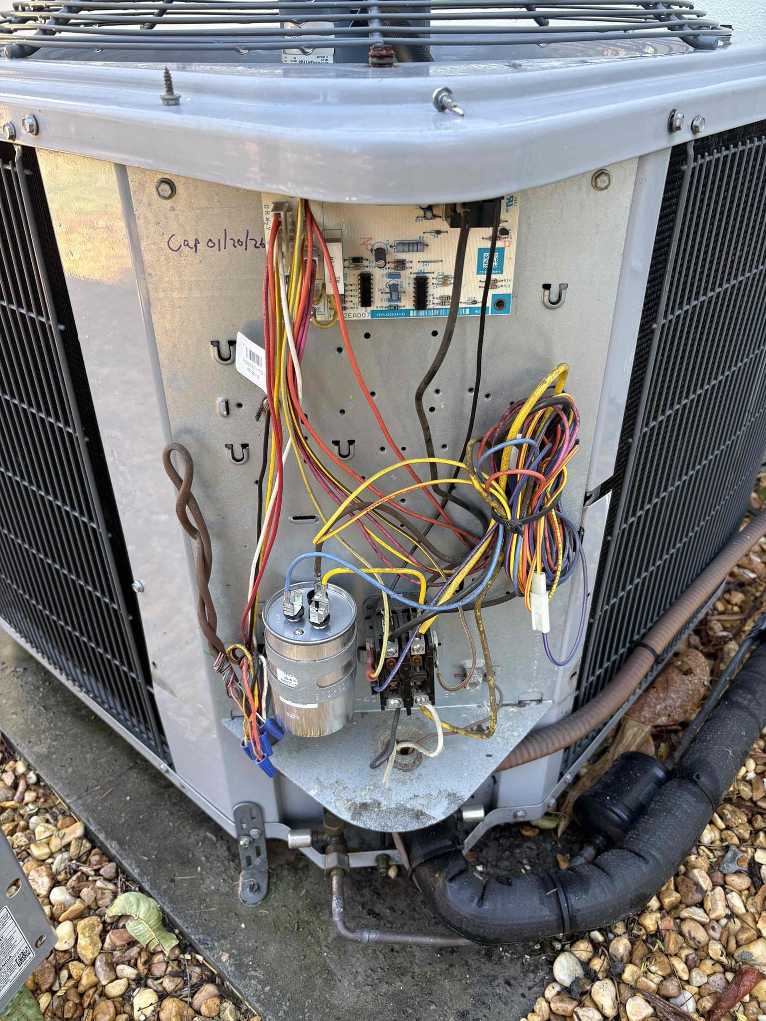 Full system tuneup 

Wiped Down Air Handler 

Checked temperature splits 

Inspected Air Handler Coils 

Inspected Blower Wheel & Assembly 

Checked cap mfd 

Checked contactor 

Inspected wiring 

Compressor amps 

Motor amps 

Cleaned condenser coils 

Cleared drain line and pan (cleaned condensate pump)

Checked refrigerant pressures 

Checked blower amps 

Checked filter 

Thermostat operations 

IAQ Operating

Checked heating and cooling 

Unit is operating at this time 

*Replaced failed 45/5 capacitor 