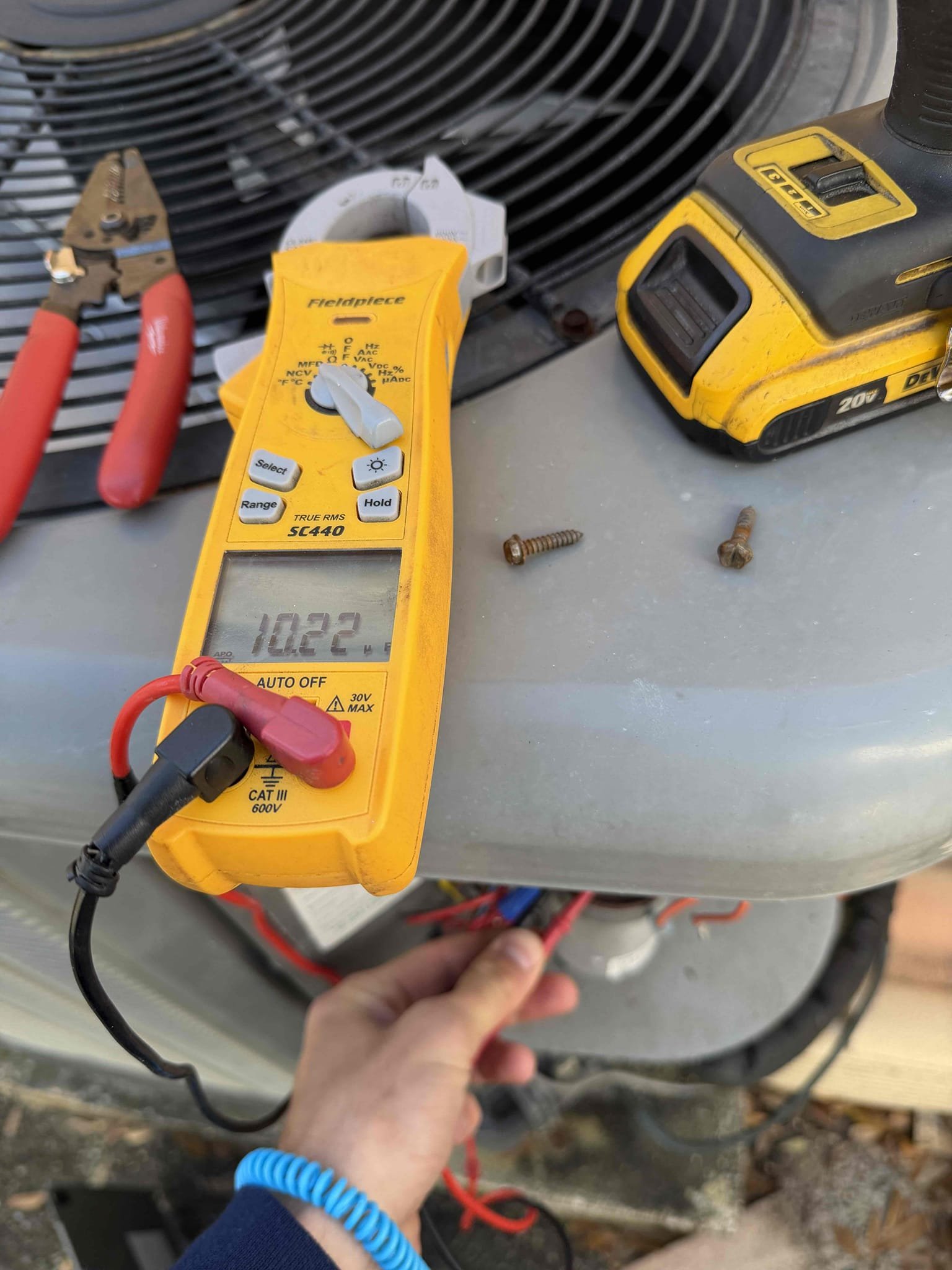 Performed Maitenence on system. Cleaned/treated drain line and primary drain pan. Cleaned condenser coils. Evaporator coils are clean. Verified safety float switch functionality. Checked amp draw on compressor. Checked amp draw on fan motor. Checked capacitor is within factory range. Inspected Contactar. Made sure all connections are tight. System is cooling with a 20° temperature split at this time. Verified heating operations. 
Recommend replacing air filter soon. 