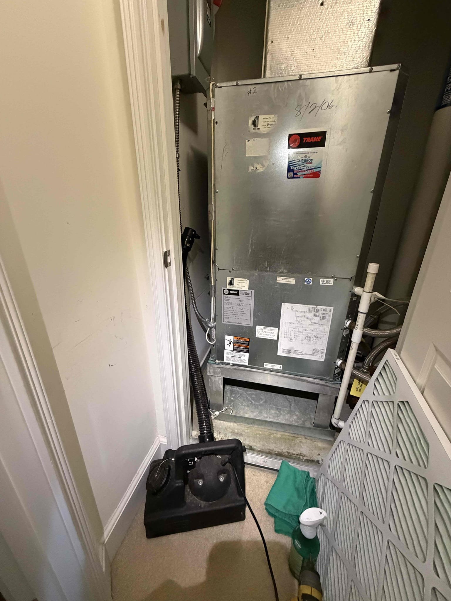 No guarantee due to system age. 
** risk of creating a leak in the R22 refrigerant copper lines.**
- Clean evaporator coil in place. *cleaned 3 times*
- Clean blower wheel in place. 
- Sanitize duct work. 
- Sanitize inside of Air handler. 