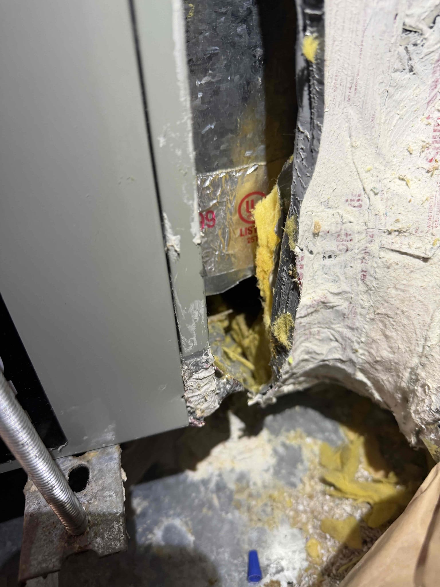 Upon my inspection, duct work is not installed properly. Supply plenum is ripped off of Unit even more then last visit January 2nd. Supply plenum need to be completely reattached and strapped up to trusses with two men. Supply plenum needs to be completely sealed. Previous quote given over 30 days ago is Null and Void due to repair becoming more complex as it gets worse. Found return plenum is also allowing attic air to enter the system and need to be re sealed. There is a return duct going to a bedroom that is collapsed due to electrical wire being ran on top of it. This duct is compromised and needs to be replaced. Quotes sent for repairs and full replacement. 