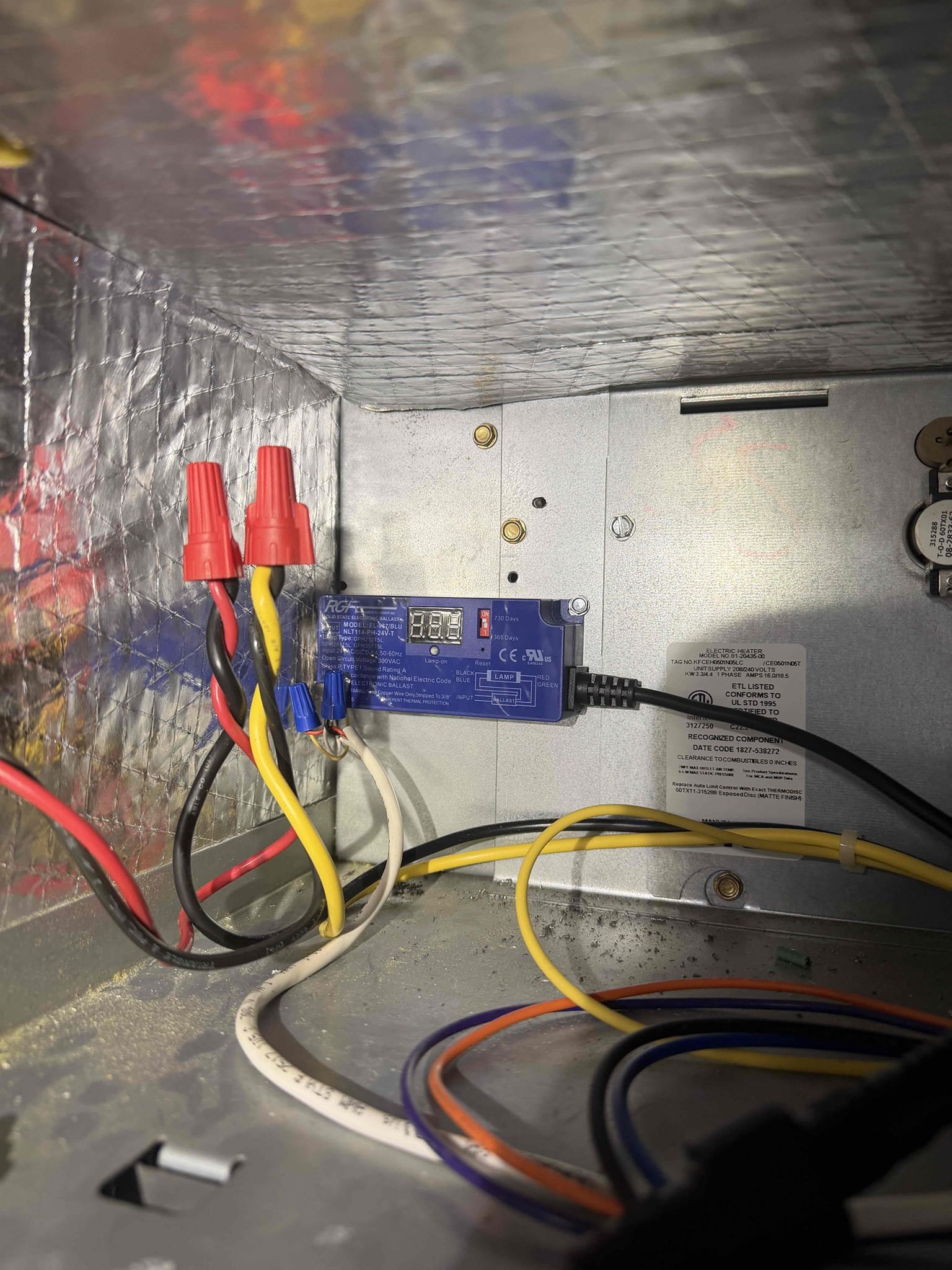 Performed Maitenence on system. Cleaned/treated drain line and primary drain pan. Cleaned condenser coils. Evaporator coils are clean. Replaced client supplied media filter. Verified safety float switch functionality. Checked amp draw on compressor. Checked amp draw on fan motor. Checked capacitor is within factory range. Inspected Contactar. Made sure all connections are tight. System is cooling with a 20° temperature split at this time. System is heating properly at this time. 
Found a rusted and corroded outdoor liquid line filter dryer. This is at risk of leaking refrigerant in the future. 
Found outdoor transformer set to 240v instead of 208v. Left transformer alone as it has been working thus far. 

Found indoor uv light system has gone bad. Replaced entire system. 