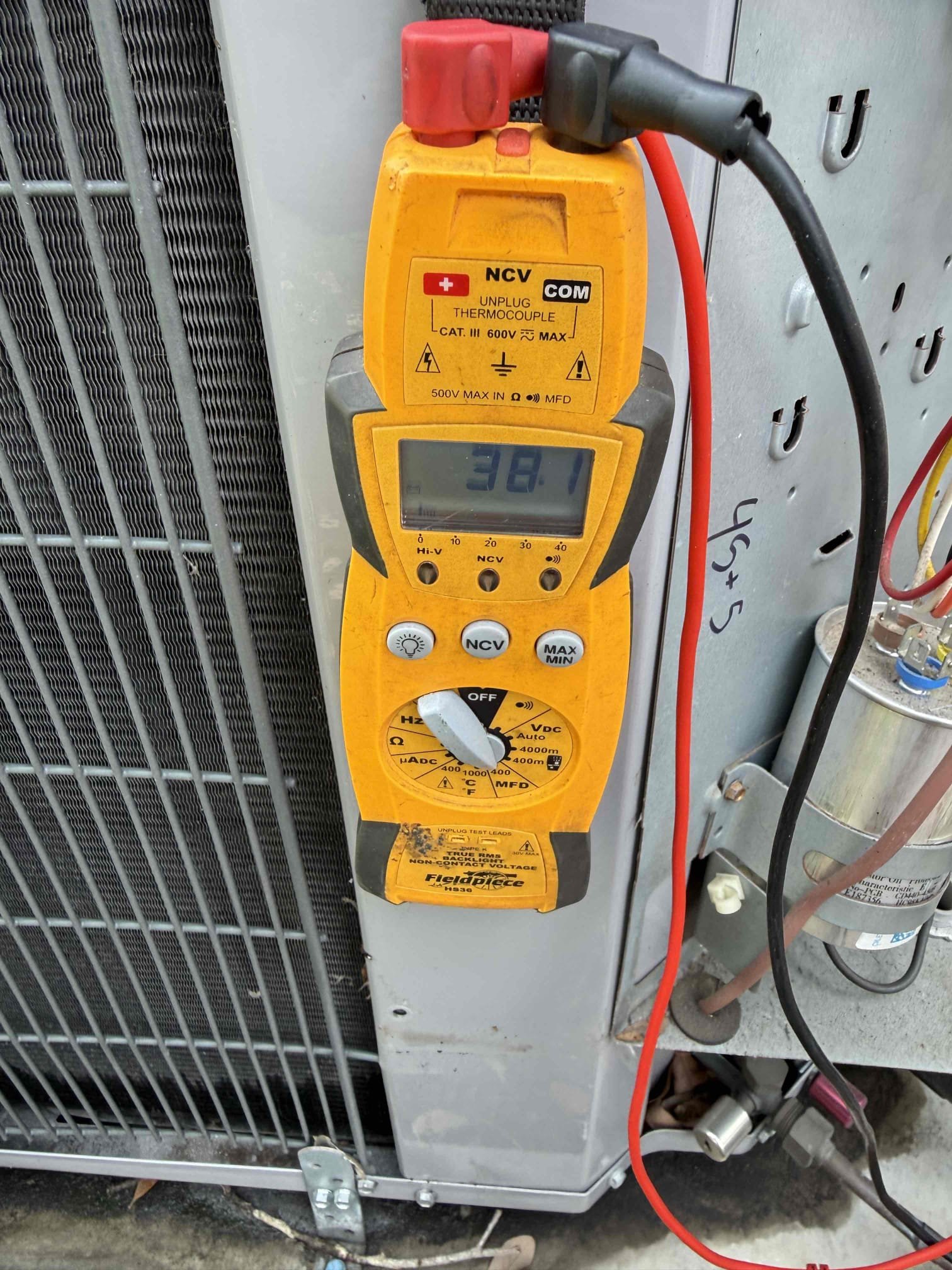 On arrival found unit not cooling due to fan motor not running. Found unit to have weak capacitor and worn contactor. Replaced parts. Start and test. Amp draws good. Pressures good. Temp split good. Unit is operating properly at this time. 