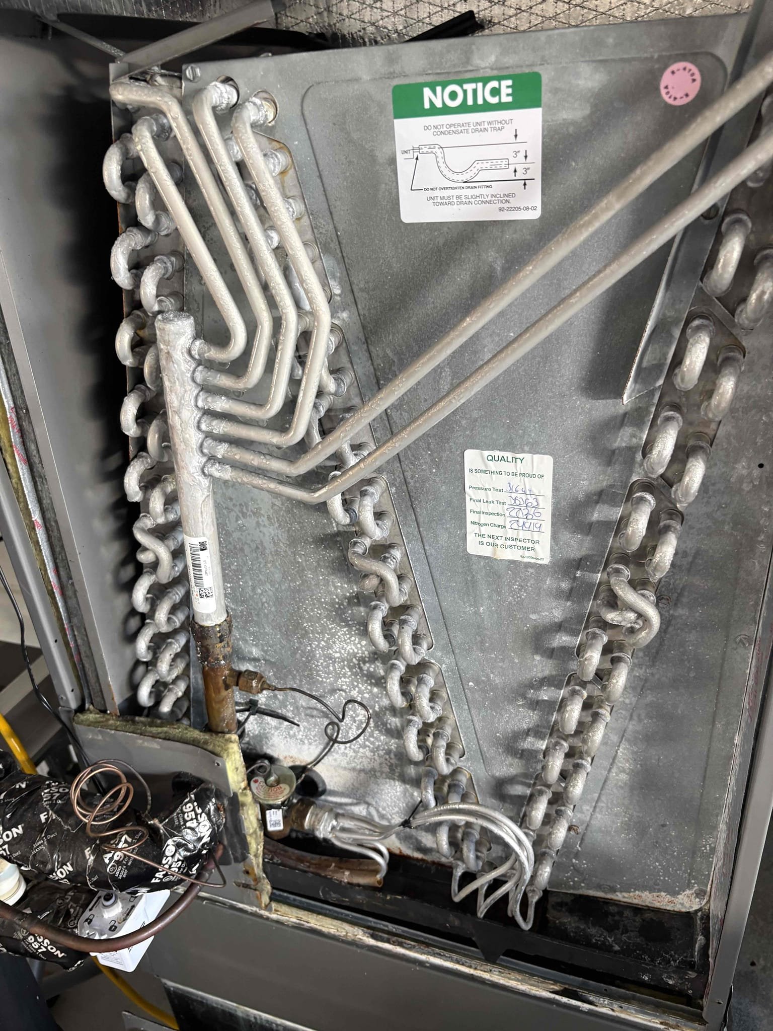 Home owner concern about smell when system kicks on. Inspected air handler coils and blower wheel. Both in great condition. New 4” media filter. Found some growth on wiring and insulation. Cleaned insulation and wiring. Added pan tab to help with buildup. 

Cut a small hole in supply plenum. Found growth in plenum. Inspected all ducting. Ducts are in good standing and strapped properly. Ducts are not mastic sealed. Also found 50ft mixing box (duct board) throughout attic. 

Explained that we could replace the supply plenum and add an air scrubber to help with growth/dander. Home owner not interested in new ducts or replacing large mixing box. Explained we can fog/sanitize ducts. 

Would also recommend adding single bulb air purifier to air handler to mitigate growth. 

4T AH
3.5T Condenser 