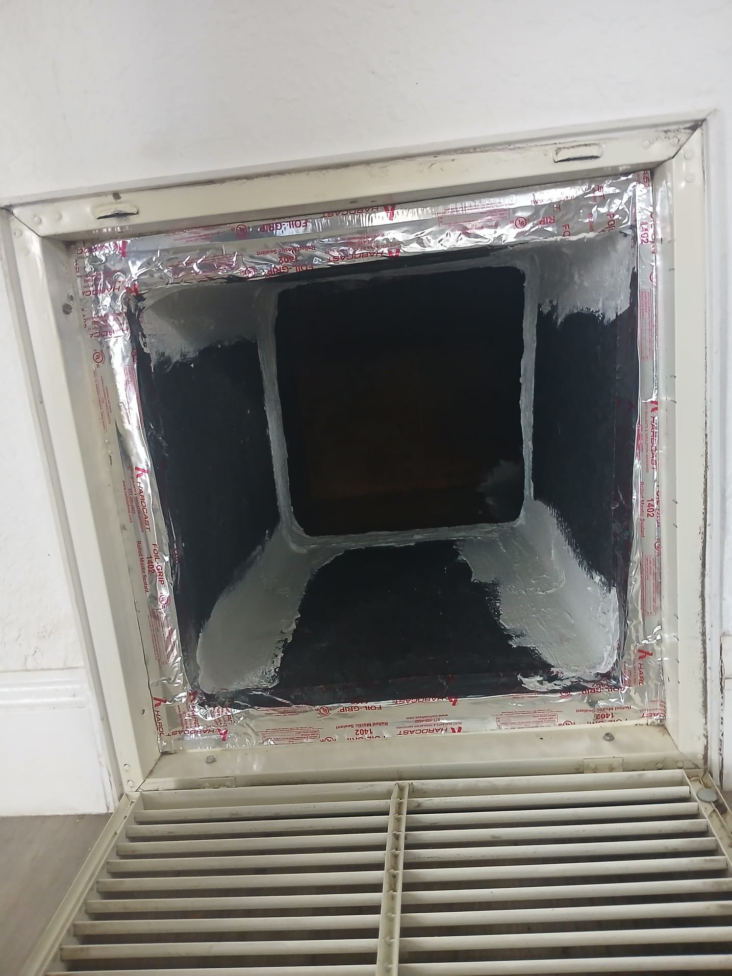 Scope of work:
- Install new duct plenum pass through box with two open ends. 
- leave existing plenum under Unit and attatch new duct to existing. 
- Make sure there are no leaks or gaps. 
- Use existing filter back return grill. 
- Rough measurements: 20” deep ID, 18” wide ID, 18” tall ID
- Mastic seal to existing plenum under unit. 
- Seal filter back return grill directly under unit back to plenum (it is loose on the bottom). 
- Conplimentary strap one duct up that I had to tape up already. 
- Tax, labor, materials included. 