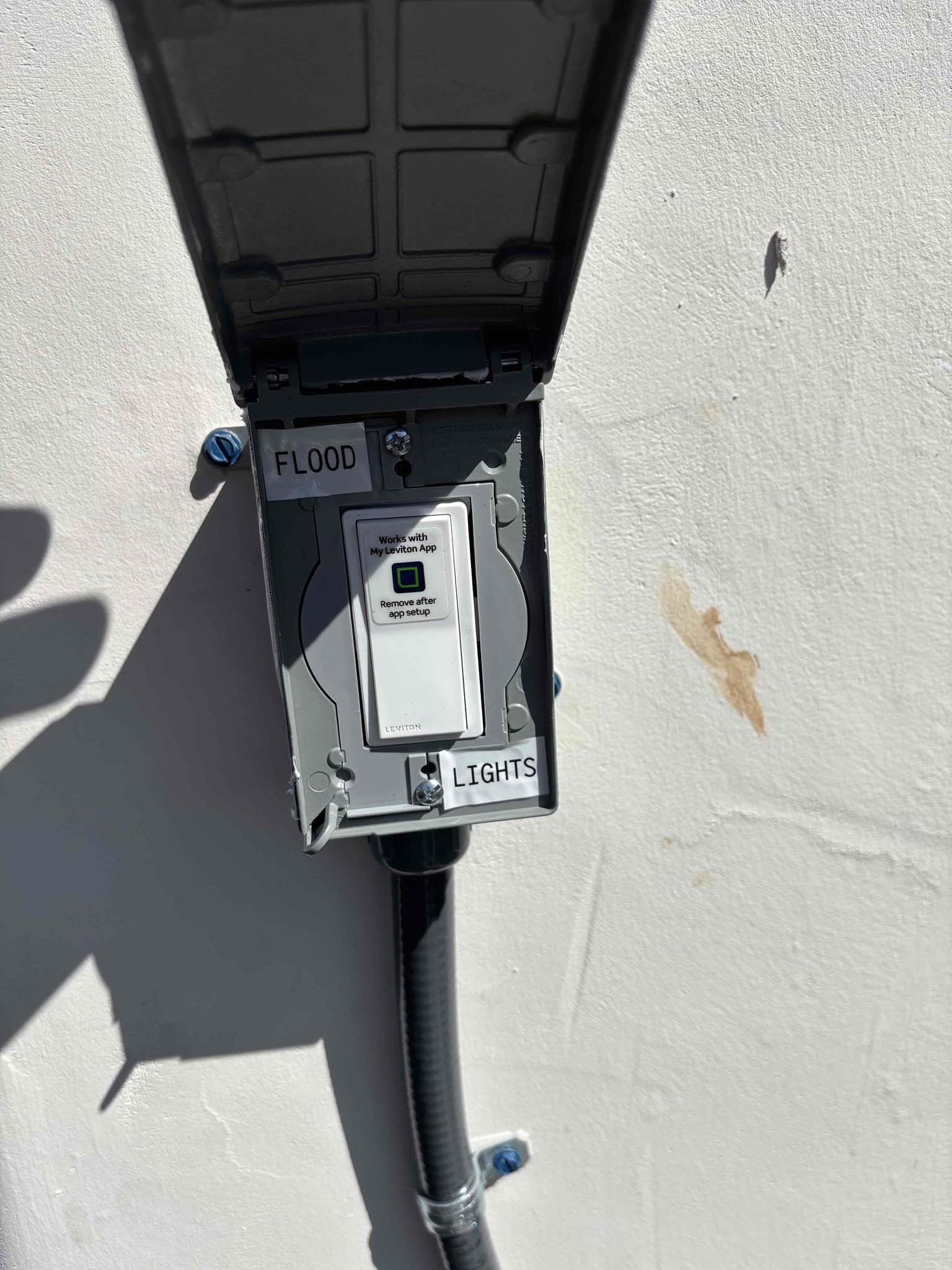 Replace 3 round bell boxes run wire from from pool panel up to exterior light location 
Install smart switch