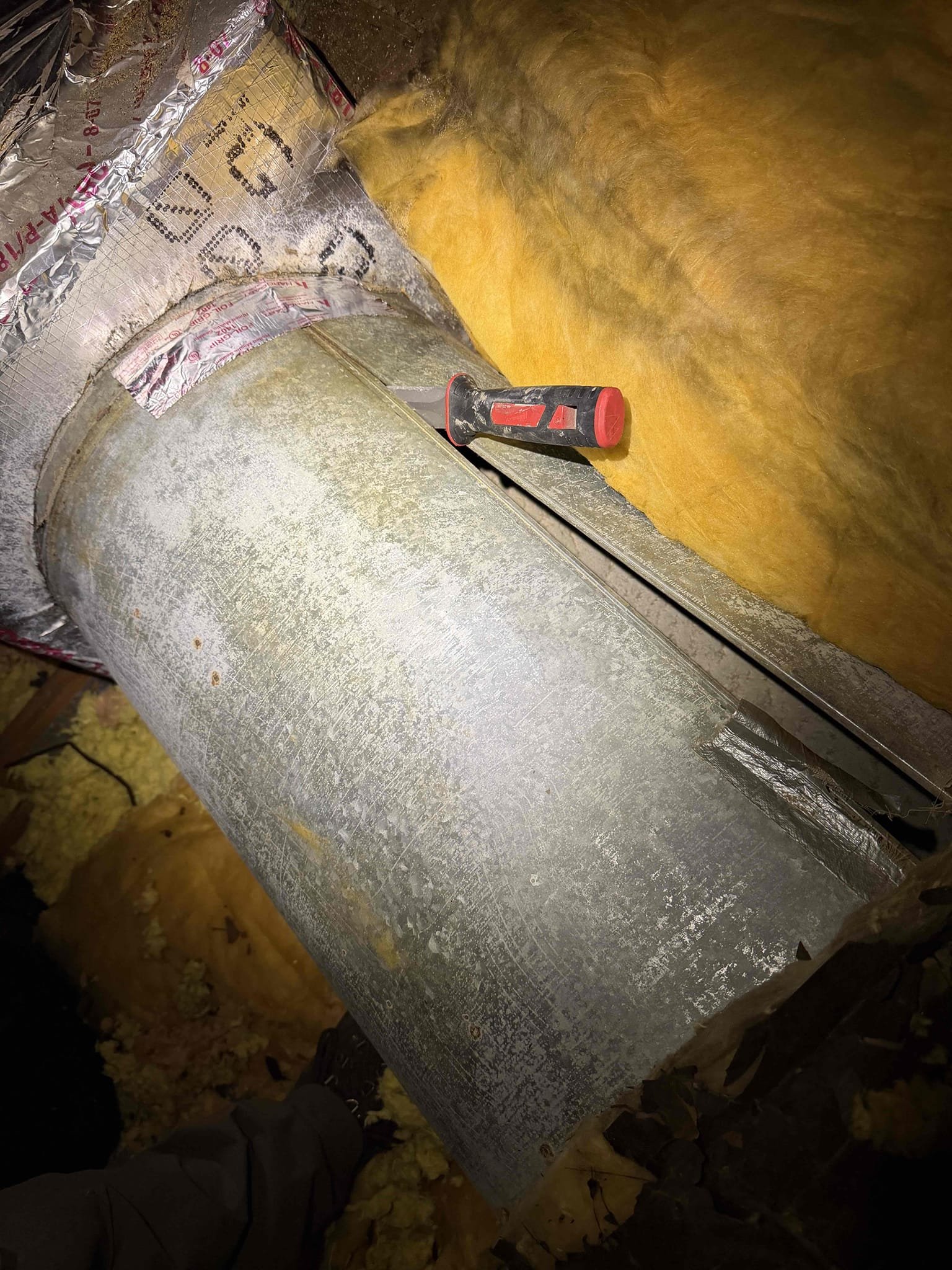 Scope of work:
- Manually tape and mastic seal one major hole in return duct. 
- No guarantee on repair due to duct work age and condition. 
- Advised client to leave system off for two hours to allow mastic to cure