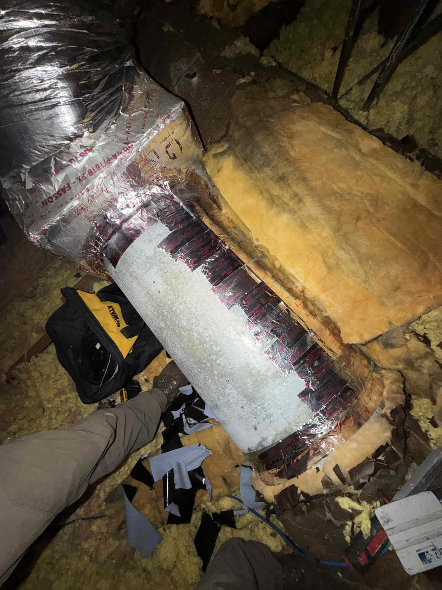 Scope of work:
- Manually tape and mastic seal one major hole in return duct. 
- No guarantee on repair due to duct work age and condition. 
- Advised client to leave system off for two hours to allow mastic to cure