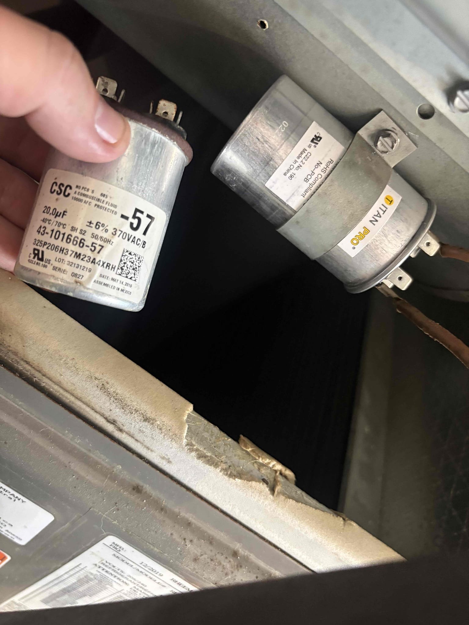 Air handler not running due to failed blower motor capacitor. Replaced and verified system operations 