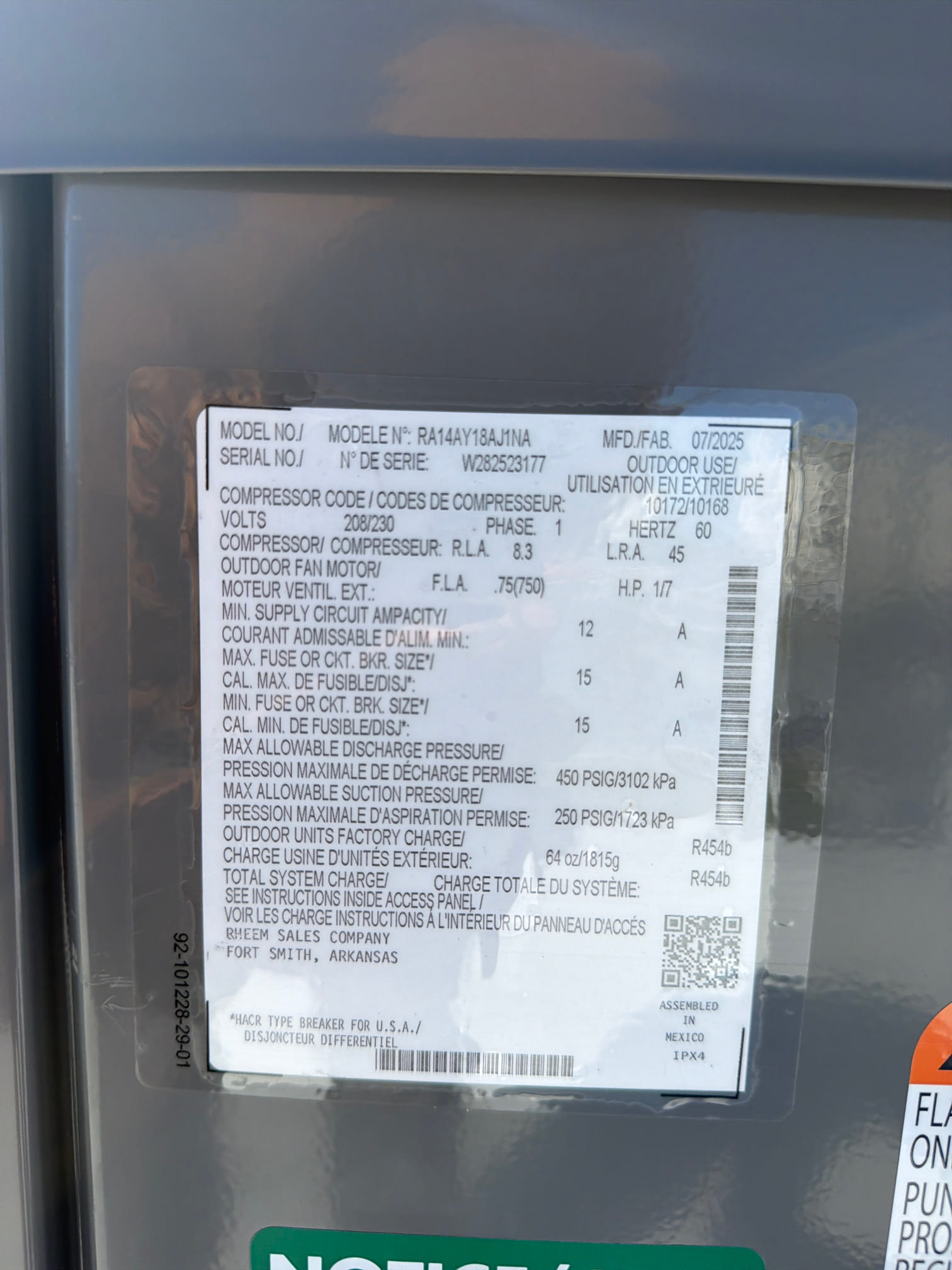 Ruud 1.5 ton straight cool split system with 8kw heater
14.3 seer2 
Anchor condenser 
Crane 
Keep existing thermostat 
Uv rated insulation for outdoor copper
Outdoor disconnect 
Surge protector 
Primary float switch
Remove existing equipment 
Connect to existing ducts and electrical 
Seal unit to code
Tax labor and permit included
10 year parts warranty 
3 year labor warranty 